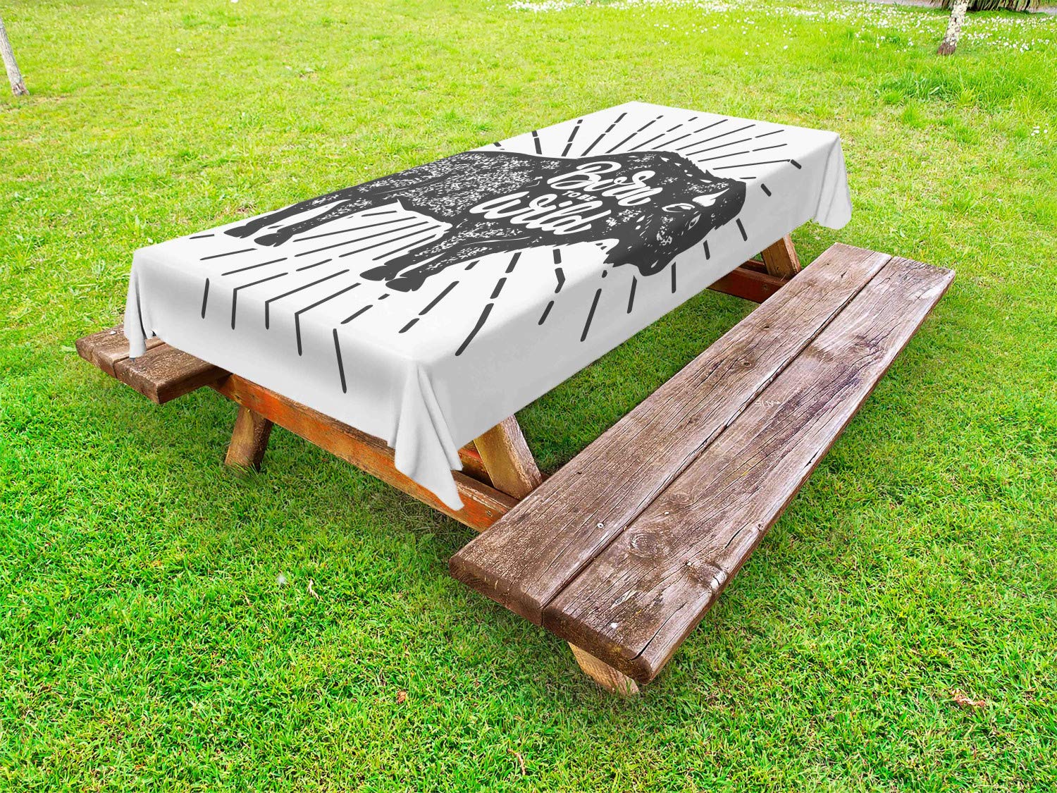 Wild and Free Outdoor Tablecloth - Bison with Grunge Effect 'Born to Be Wild' Native American Design, Washable Picnic Table Cover 58x120 Inches, Charcoal Grey & White - Perfect for Camping, BBQs, and Outdoor Dining