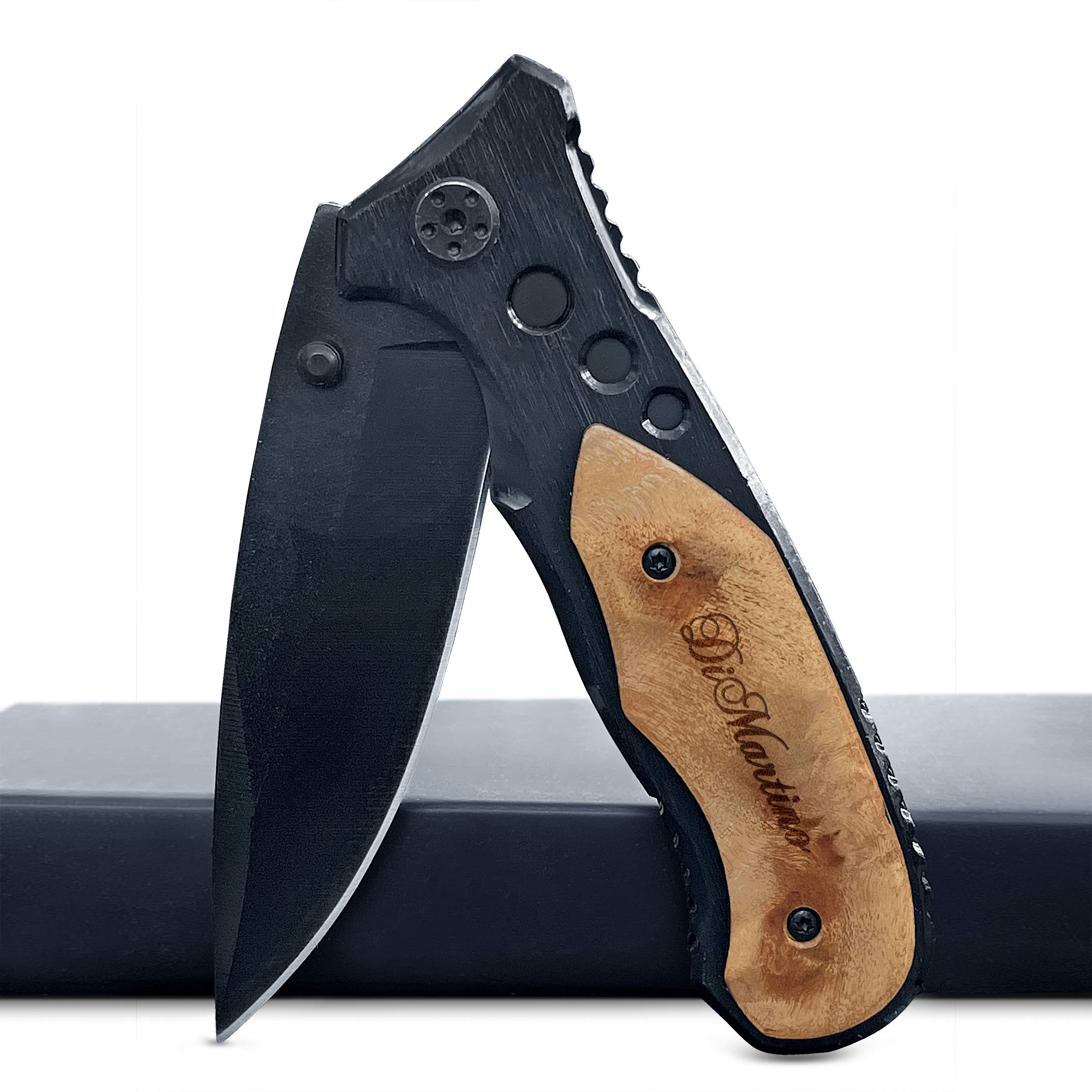 Personalized Engraved Folding Knife with Wooden Box & Clip - Custom Gift for Men, Dad, Husband - Perfect for Camping, Hiking, and Outdoor Adventures