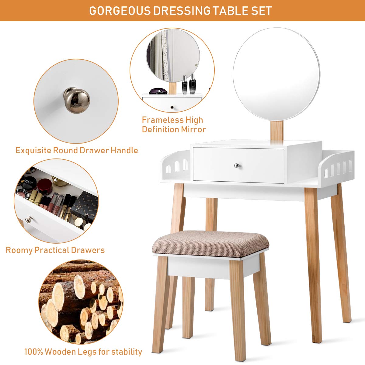 GOFLAME Vanity Dressing Table Set with Cushioned Stool & Adjustable Mirror - Modern Makeup Desk with Large Drawer for Bedroom, Home Office - Perfect for Makeup Application & Home Decor (White)