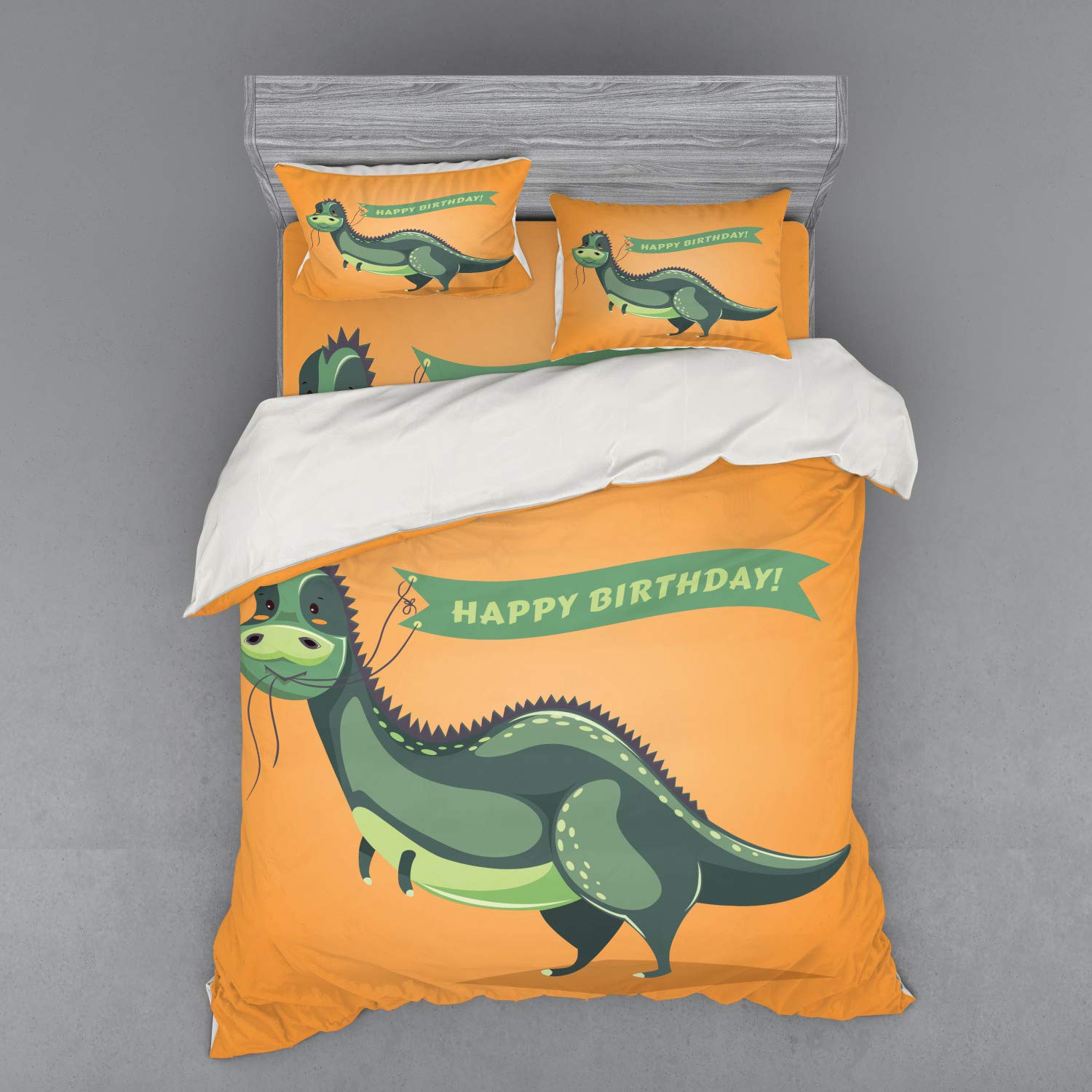 Ambesonne Dinosaur Birthday Bedding Set - 4 Piece Queen Size Duvet Cover with Shams & Fitted Sheet, Funny Cartoon Dino Holding Ribbon Design in Green & Orange - Perfect for Kids' Rooms, Birthday Parties & Themed Bedroom Decor