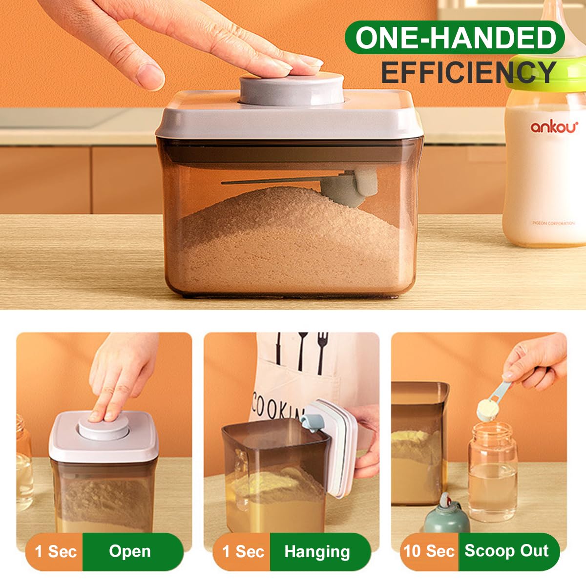 1700ml/730g Airtight Formula Dispenser with Scoop & Scraper | BPA-Free Baby Powder Container | One-Touch Pop-Up Design for Easy Access | Perfect for Travel, Daycare & On-the-Go Feeding (Dark Brown)