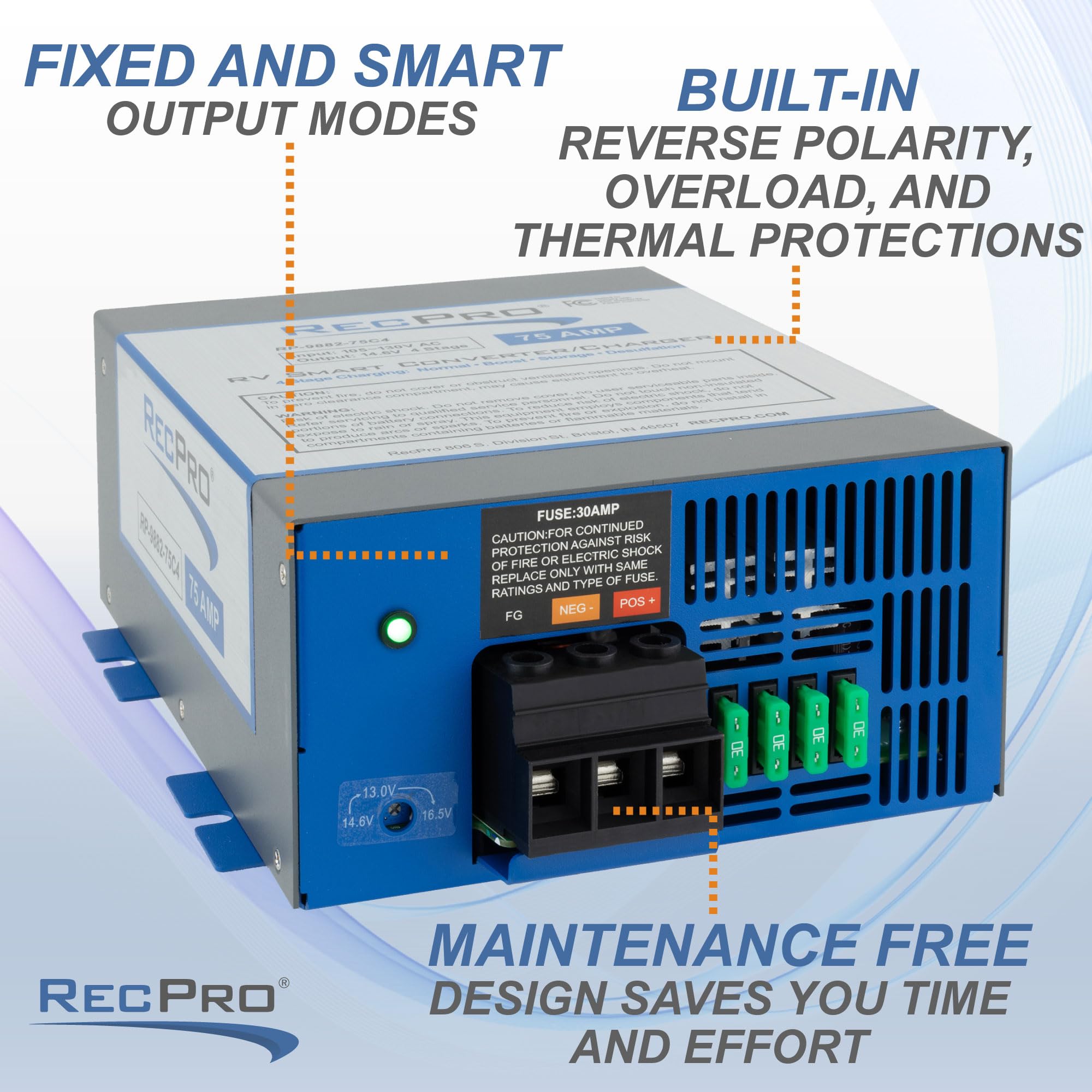 RecPro 75 Amp RV Power Converter & Battery Charger - 4 Stage Smart Charging, 120VAC to 12VDC, 13V-16.5V Operating Range - Perfect for RV, Camper, Travel Trailer & Marine Power Systems