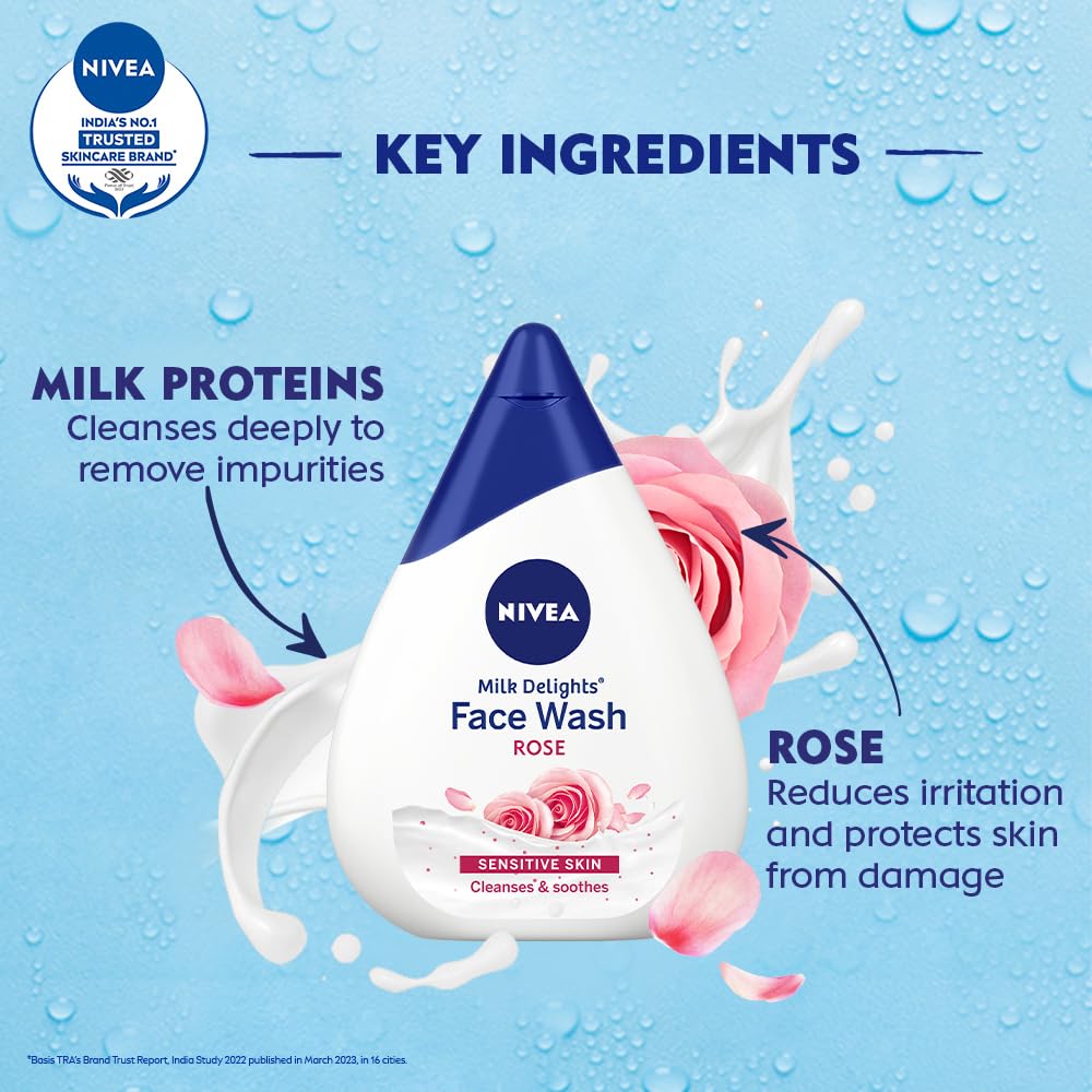 NIVEA Milk Delights Face Wash with Rosewater for Sensitive Skin - 50ml | Gentle Cleansing & Hydrating | Perfect for Daily Skincare Routine & Travel