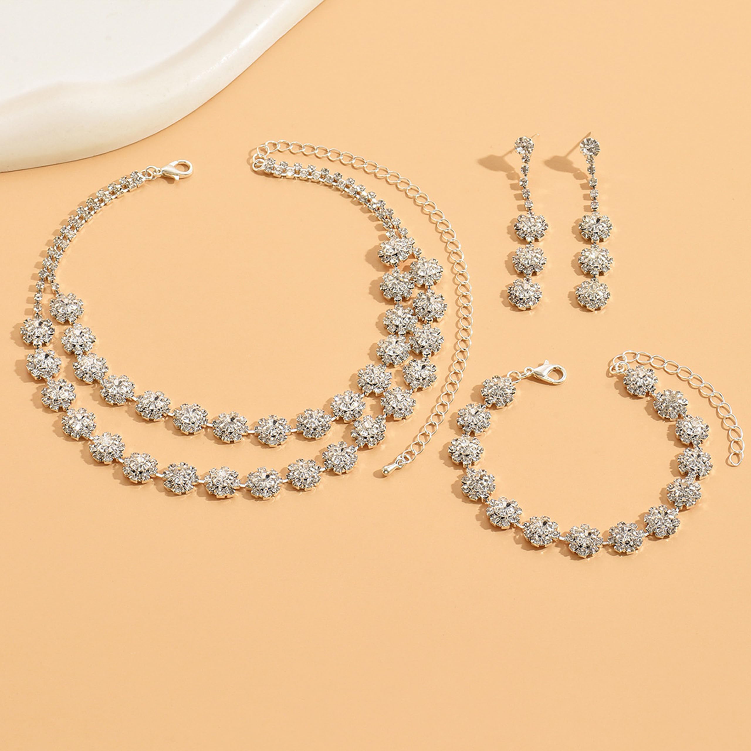 HUASAI Silver Rhinestone Jewelry Set for Women - Necklace, Earrings & Bracelet - Prom, Wedding, Party Dress Accessories - Perfect for Formal Events, Evening Gowns and Special Occasions