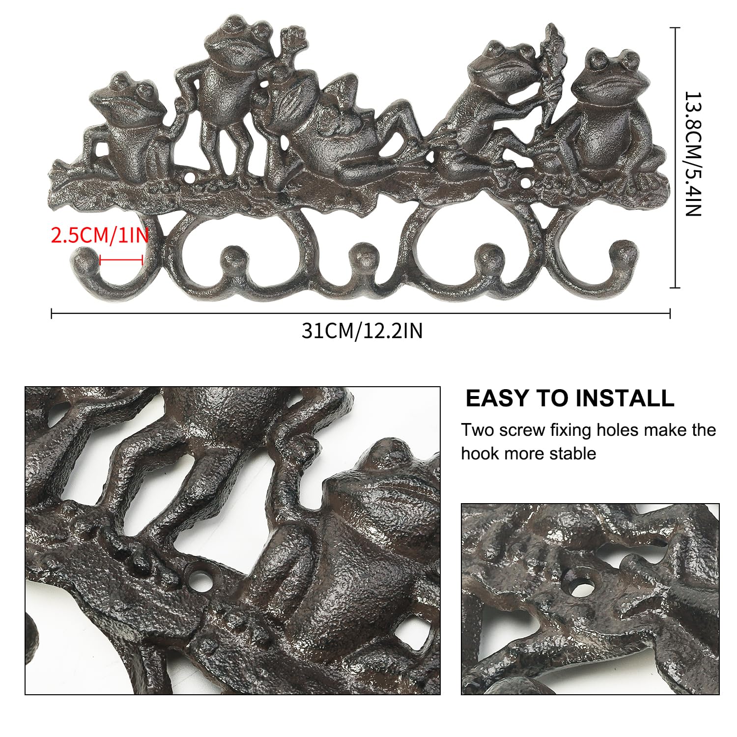 Decorative Cast Iron Wall Hanger with 5 Hooks - Frog Design Wall Mounted Organizer for Coats, Hats, Keys & Tools | Indoor/Outdoor Durable Storage Solution for Entryway, Garage, Garden & Mudroom