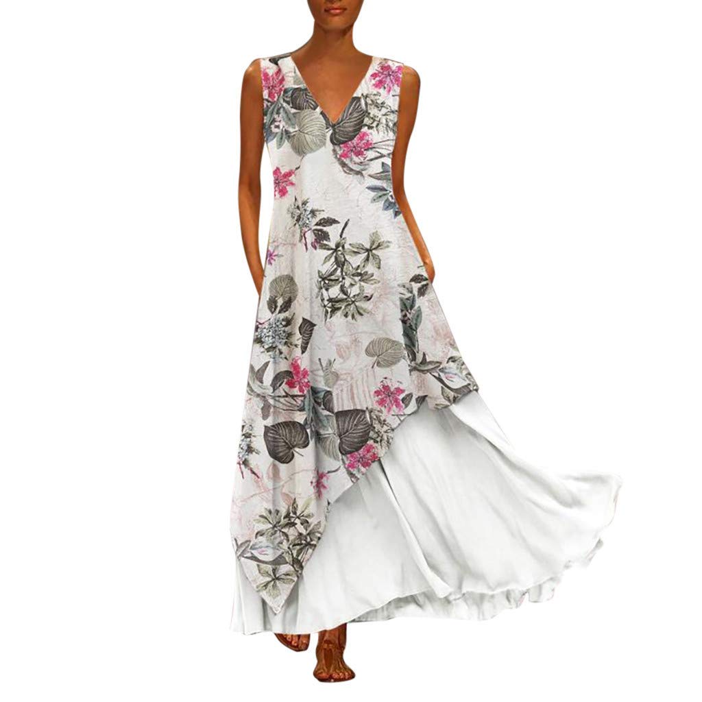 Vintage Floral Print Sleeveless Maxi Dress for Women - Plus Size Summer Mini Dress with Spliced Neckline | Perfect for Beach Vacations, Date Nights & Casual Outings