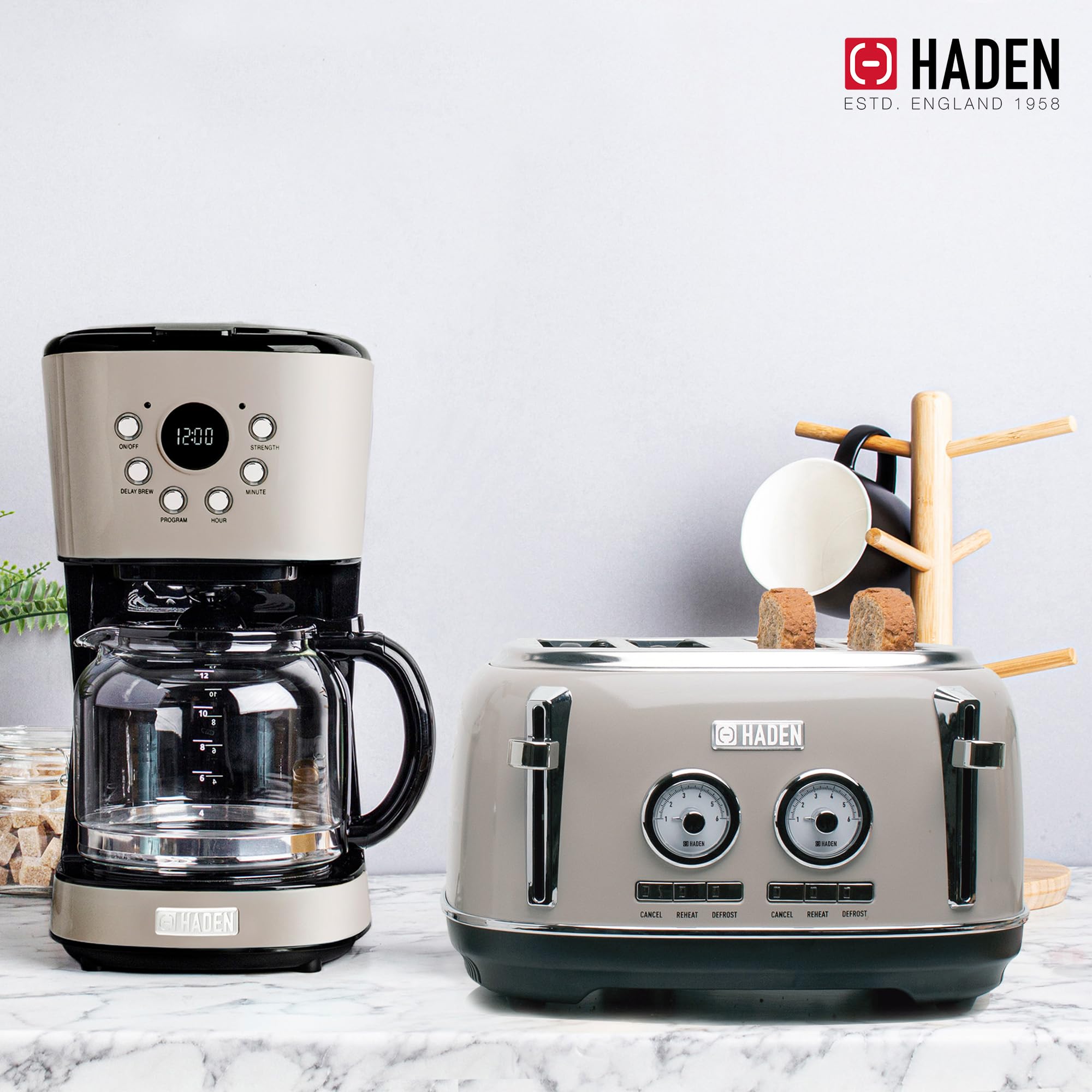 Haden 12 Cup Programmable Drip Coffee Maker with Dorset 4-Slice Wide Slot Stainless Steel Toaster Set - Perfect for Home Kitchen, Office, and Breakfast Nook - Putty & Chrome Finish