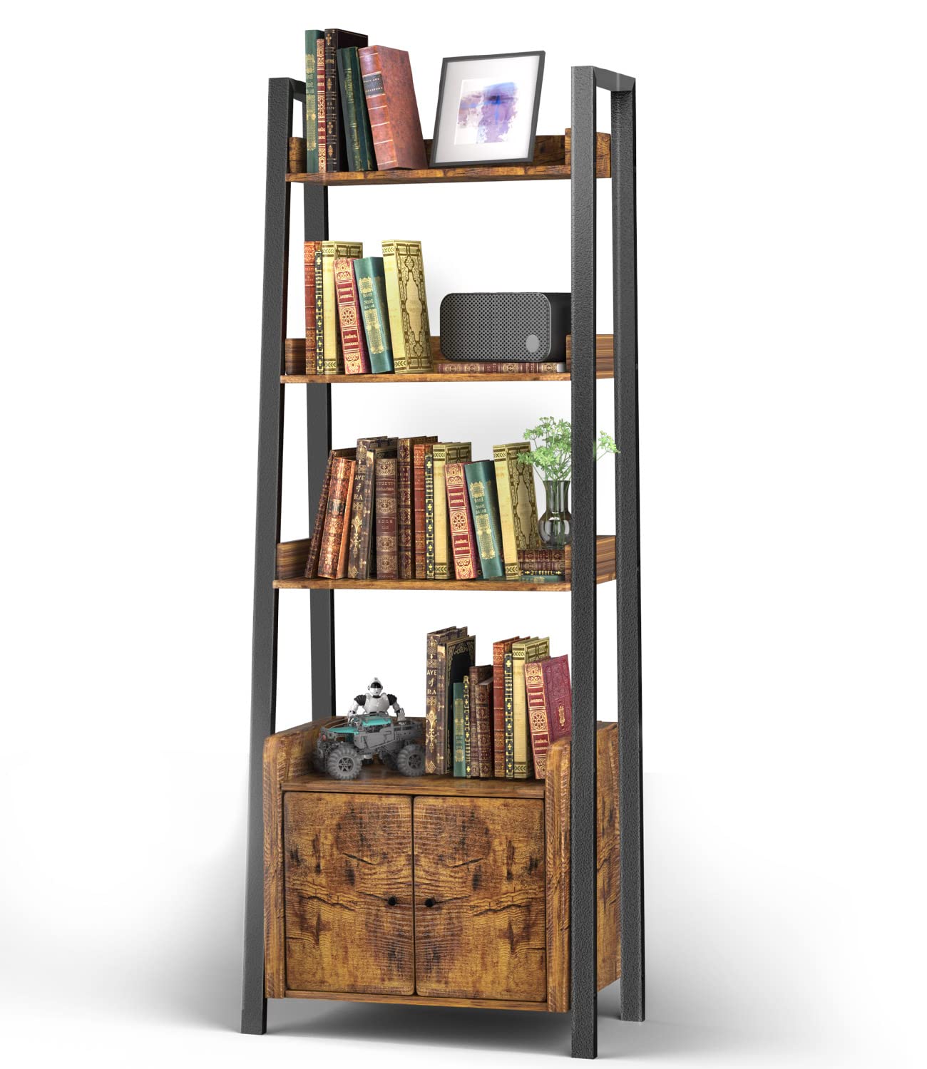 DUESI XS-05 6-Tier Ladder Bookshelf with 2 Storage Cabinets - Industrial Wood & Steel Bookcase for Living Room, Study, Office - Perfect for Displaying Books, Plants, Records & Home Decor