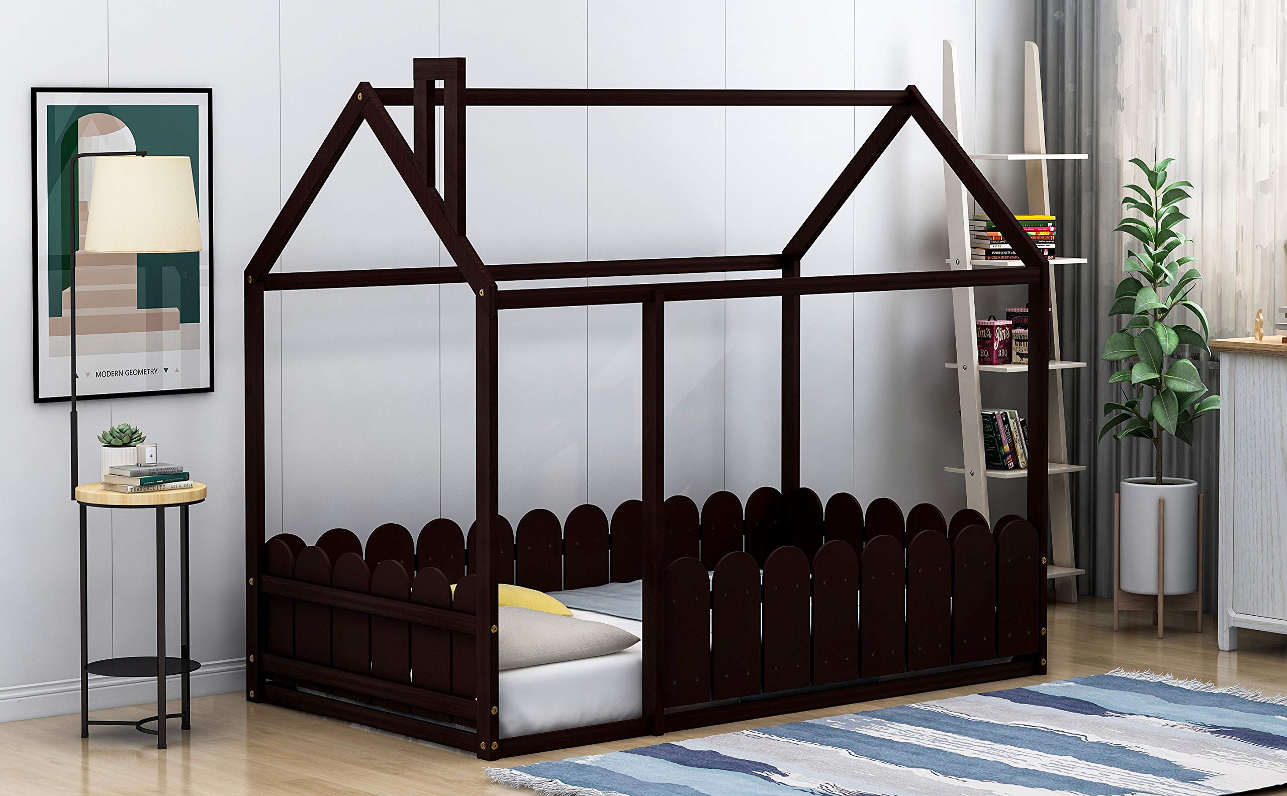 Twin Size Wooden House Bed Frame with Roof and Fence - Espresso Cabin Bed for Kids, Nursery Furniture, Play Tent | Perfect for Children's Bedroom, Playroom, and Montessori Learning Spaces