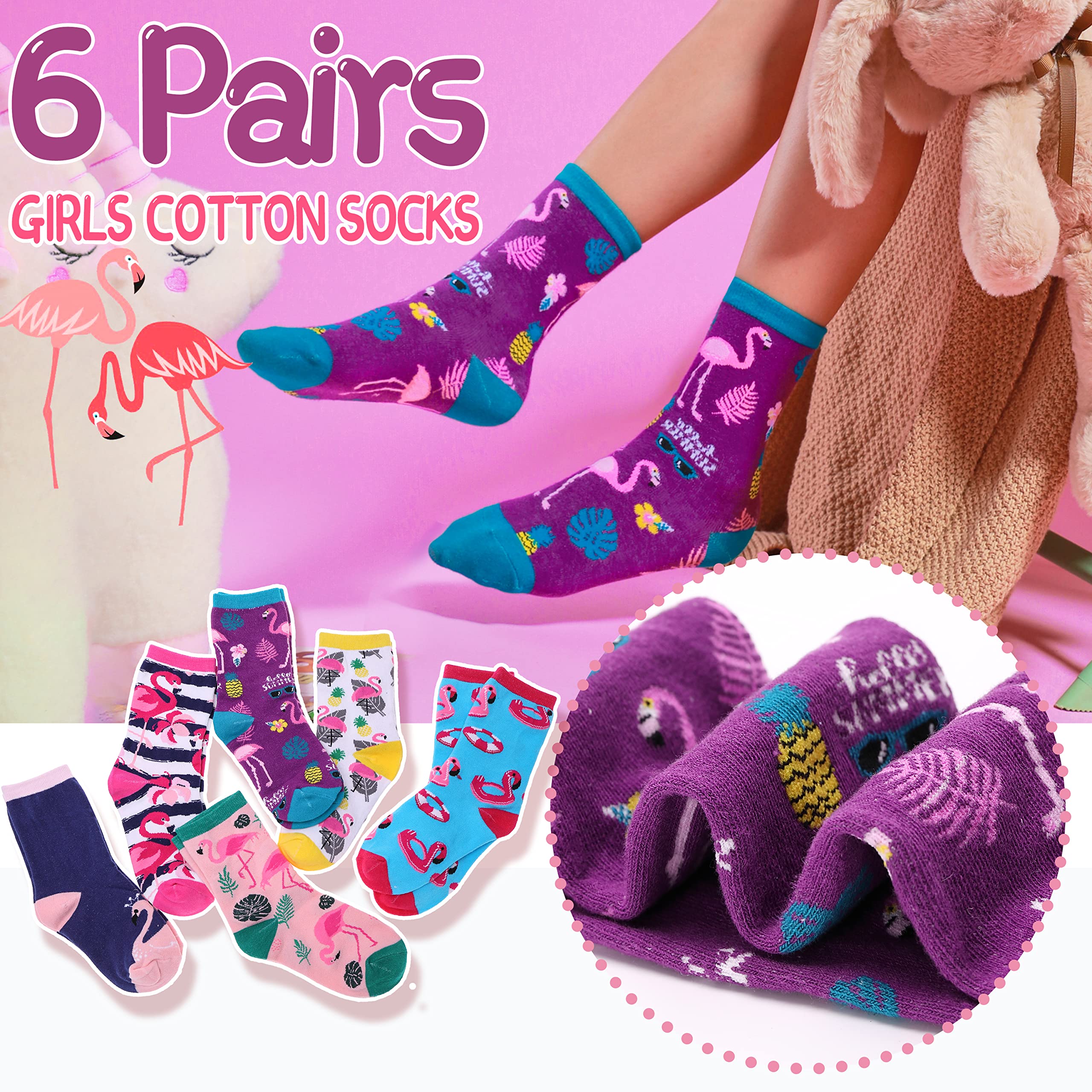**6 Pack Cute Cartoon Animal Cotton Crew Socks for Toddler Girls - Soft, Comfortable & Fashionable Kids Socks for School, Play & Everyday Wear**