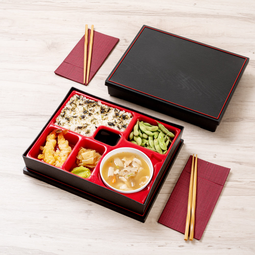 Premium Japanese Bento Box - Large 6-Compartment Black & Red Lunch Container with Bowl (12.25