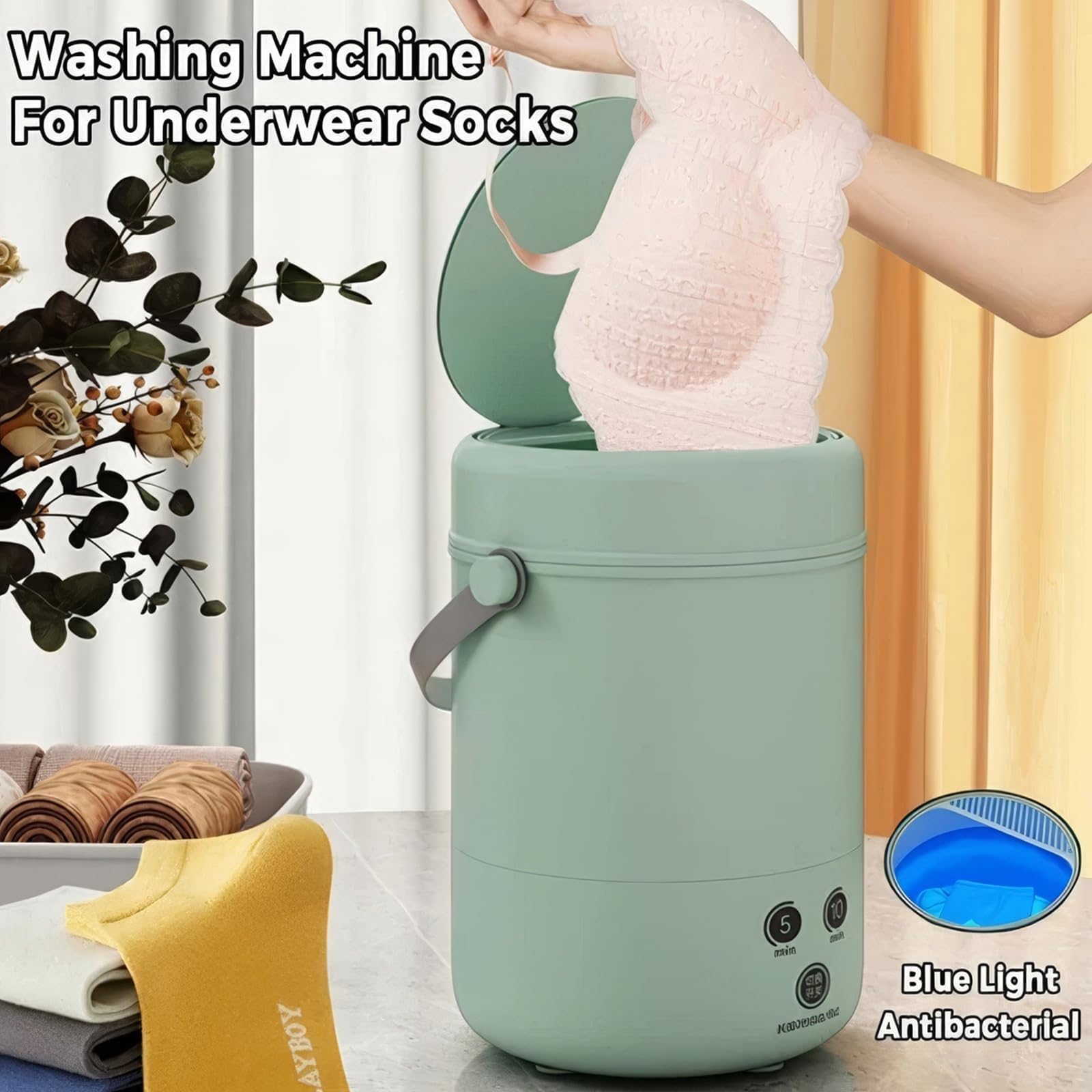 Mini Automatic Washing Machine 3.8L - Portable Travel Washer for Underwear, Socks, Baby Clothes - Compact Laundry Solution for Camping, Dorms, RV & Small Apartments (Green)