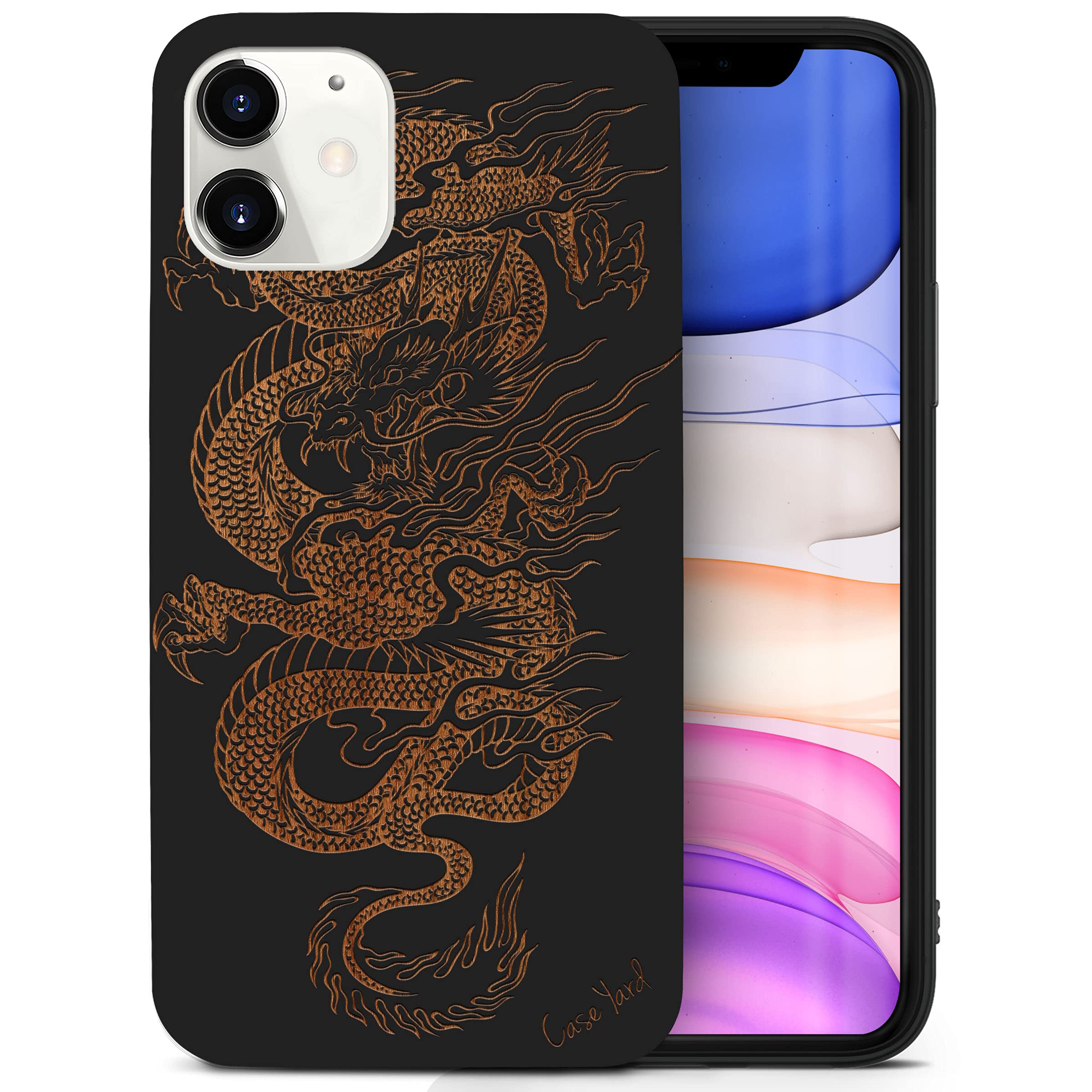 Wooden Phone Case for iPhone 12 Mini - Laser Engraved Dragon Design, Black Wood Protective Cover | Shockproof & Slim Fit Case for Men & Women | Perfect for Daily Use, Travel & Gift Giving