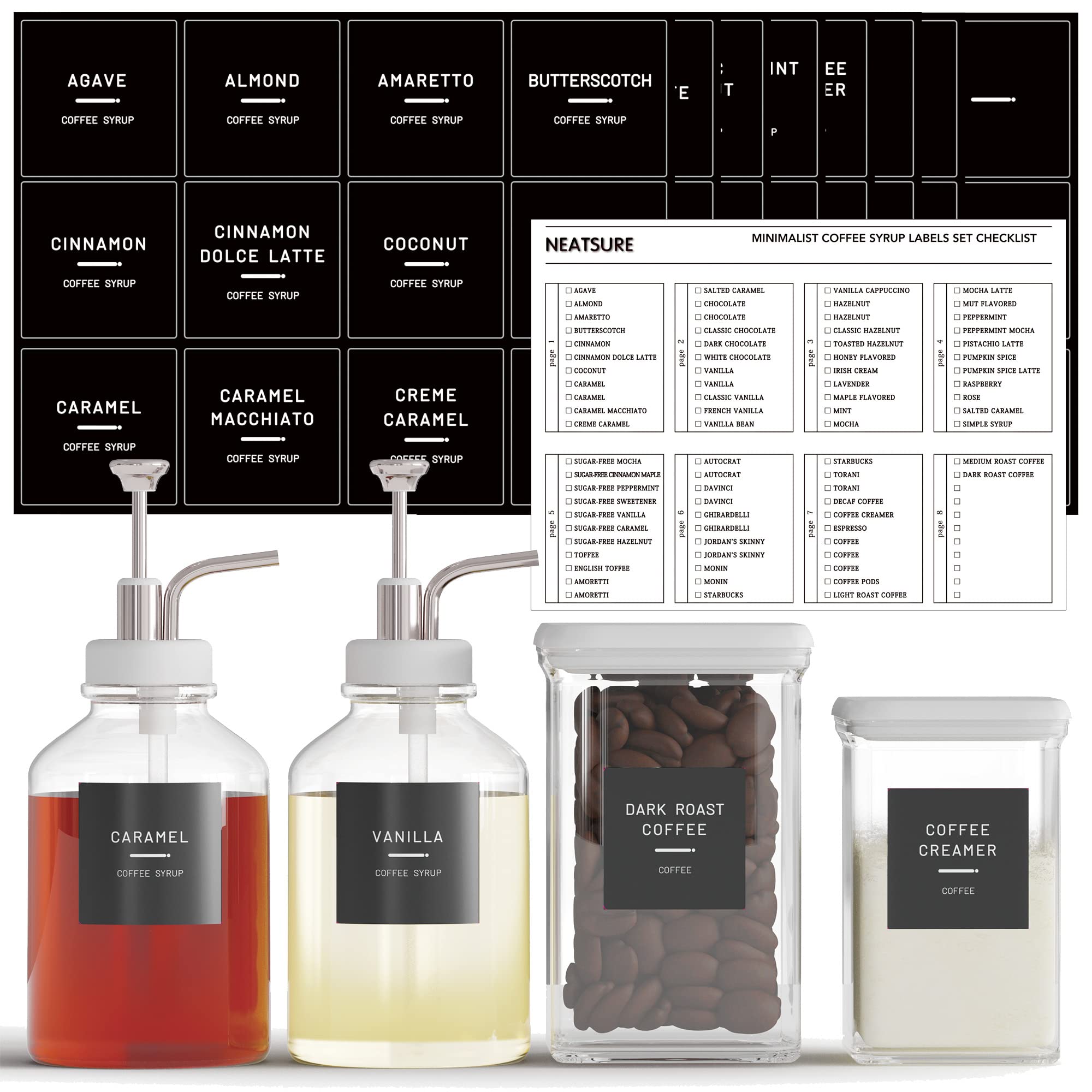 89 Preprinted Coffee Syrup Labels - Minimalist Stickers for Coffee Bar Accessories, Syrup Bottles & Dispenser Organization - Perfect for Coffee Stations, Cafes & Home Brewing Setup