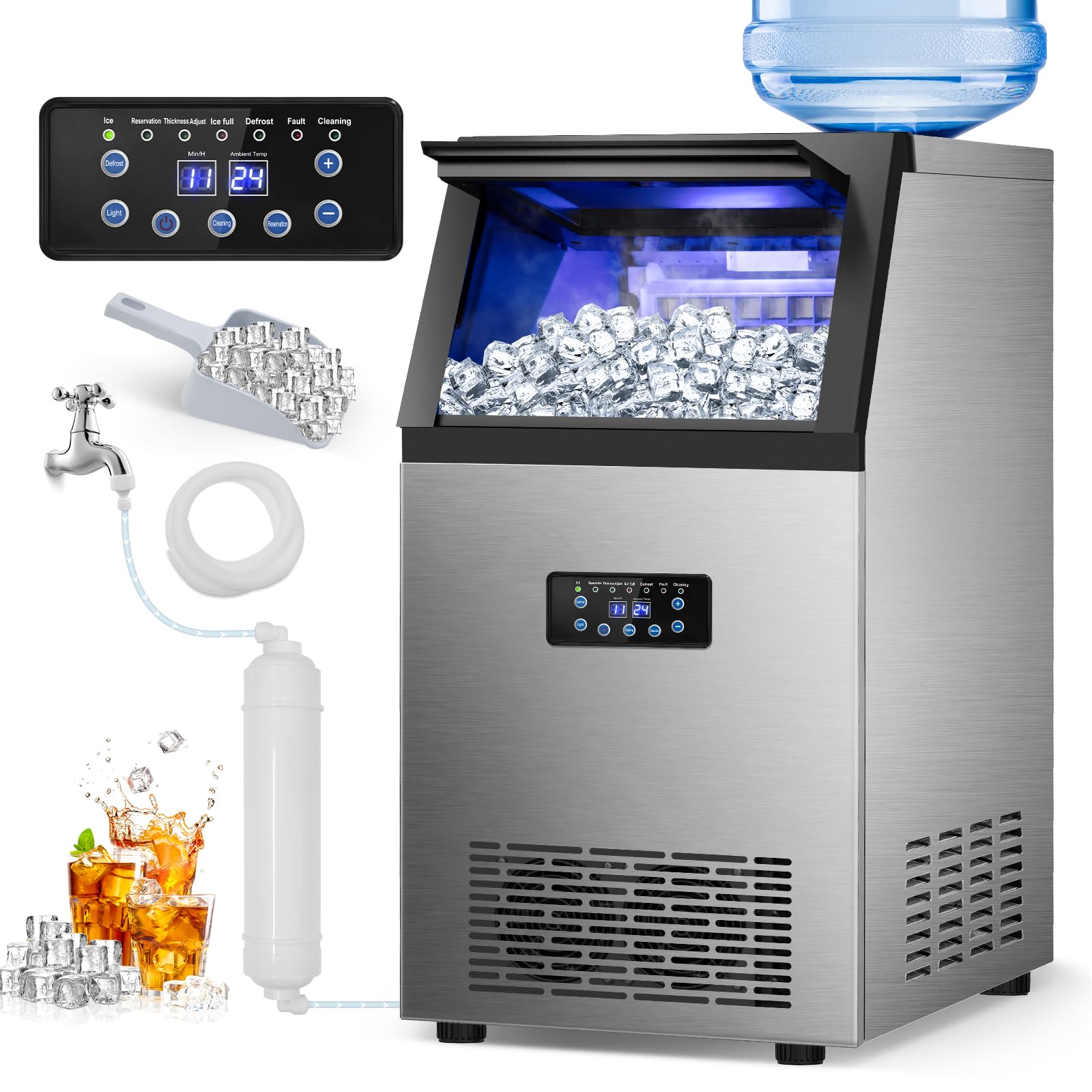 Commercial Ice Maker Machine 120Lbs/24H with 30Lbs Storage Bin - 40 Ice Cubes in 6 Minutes - 2-Way Water Supply Under Counter Freestanding Ice Machine for Home Bar, Office, Restaurant, and Commercial Use - Perfect for Cocktails, Beverages, and Large Gatherings