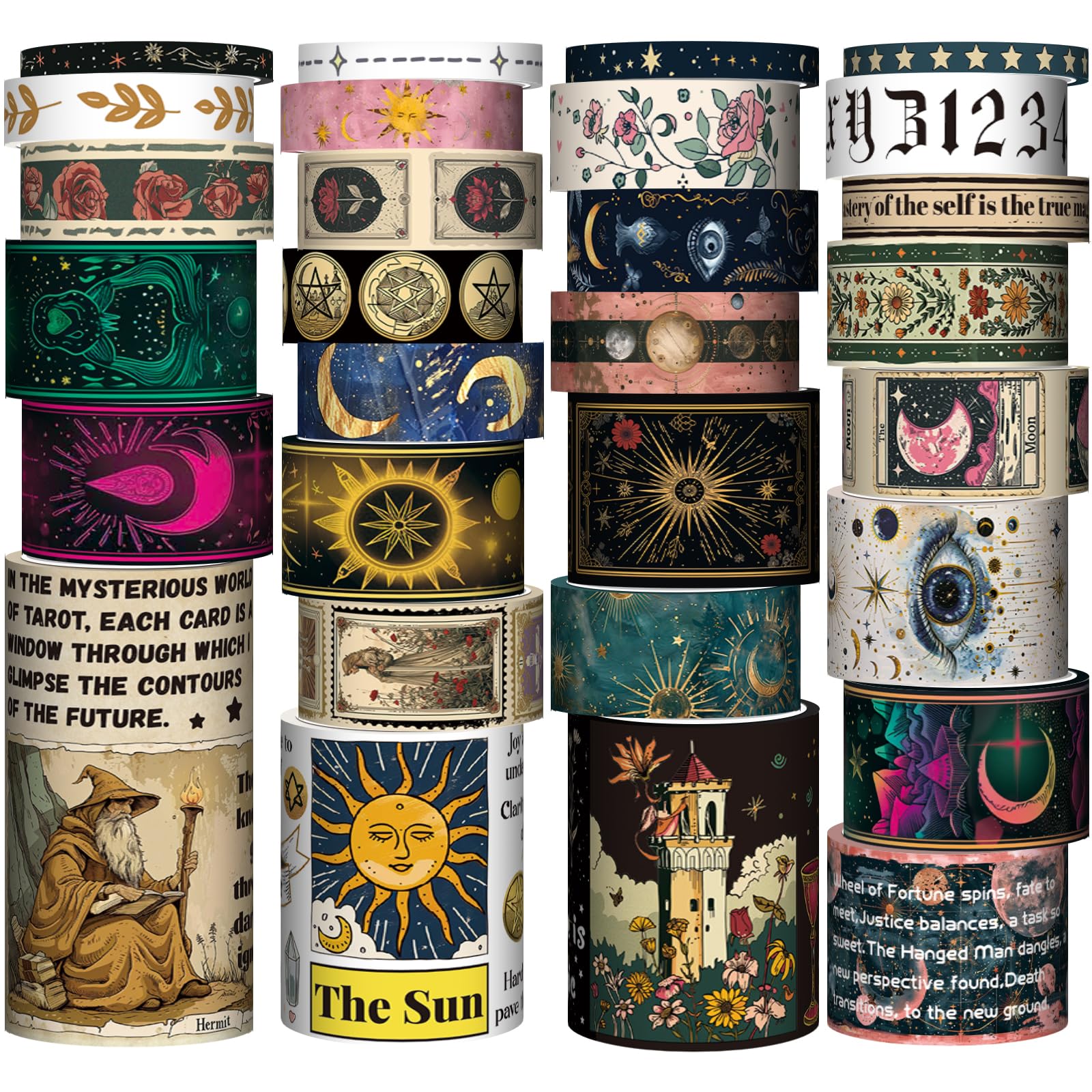 29 Rolls Washi Tape Set - Tarot Theme Decorative Masking Tape with Colored Patterns, Vintage Adhesive Artist Tapes for Journaling, DIY Crafts, Scrapbooking, Junk Journal, School Supplies - Perfect for Bullet Journals, Gift Wrapping & Home Decor