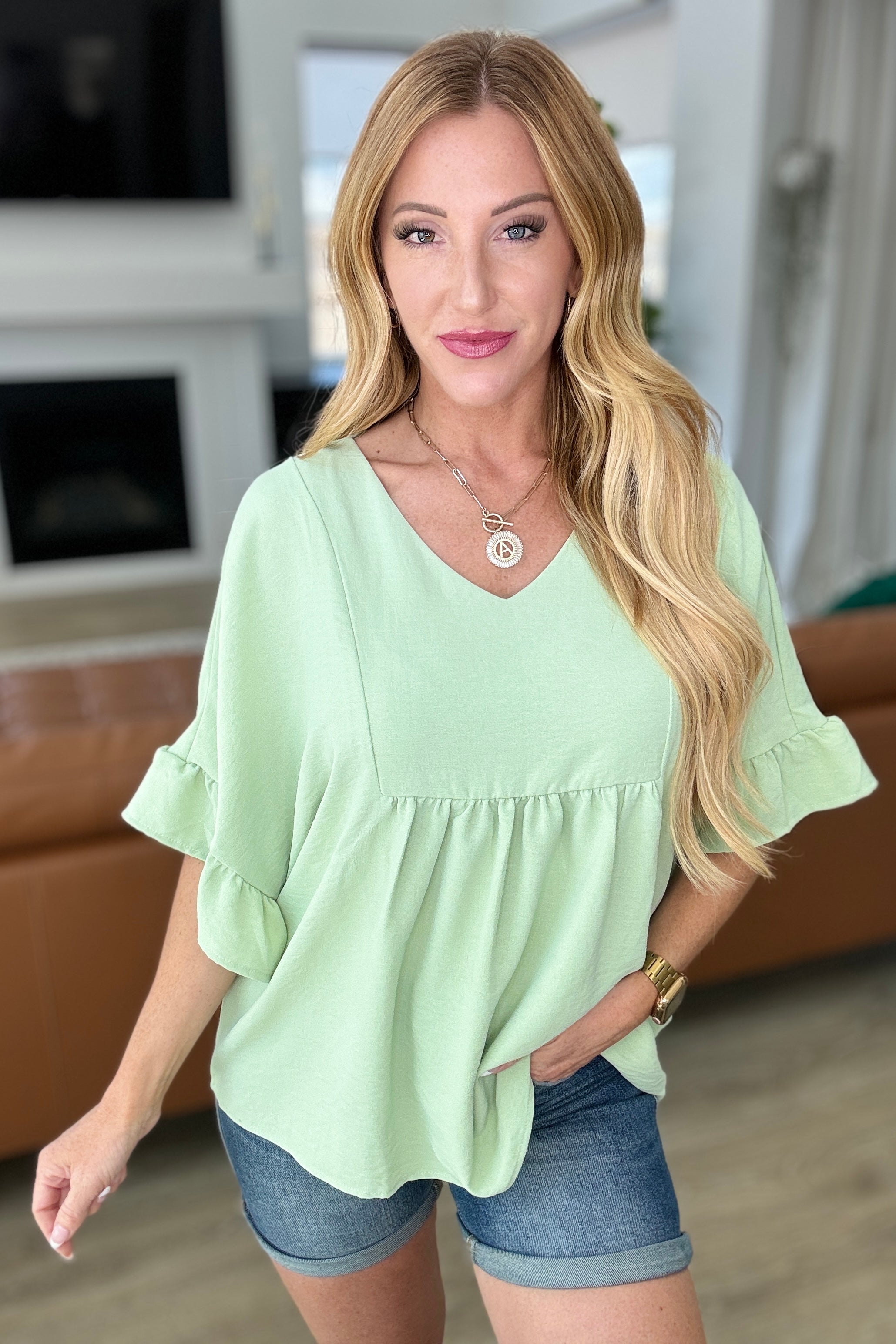 Breathable Sage Green Peplum Ruffle Sleeve Blouse - Perfect for Spring Outfits & Casual Office Wear