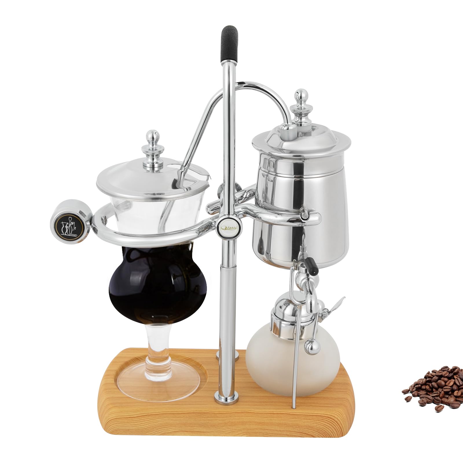Premium Belgian Siphon Coffee Maker - 180° Rotating Faucet, Multi-Function for Coffee & Tea Brewing, Antique Design with Handle, 9.3x4.7x14.96 Inch Silver - Perfect for Home Baristas & Coffee Enthusiasts, Ideal for Kitchen, Office or Gift Giving