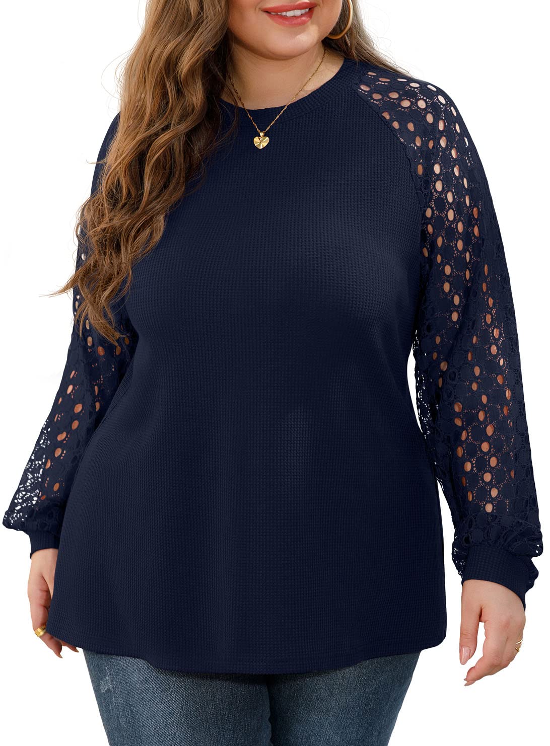 OLRIK Plus Size Women's Lace Sleeve Blouse - Waffle Knit Long & Short Sleeve Tops for Casual Wear, Office & Special Occasions | Flattering Fit for Curvy Women