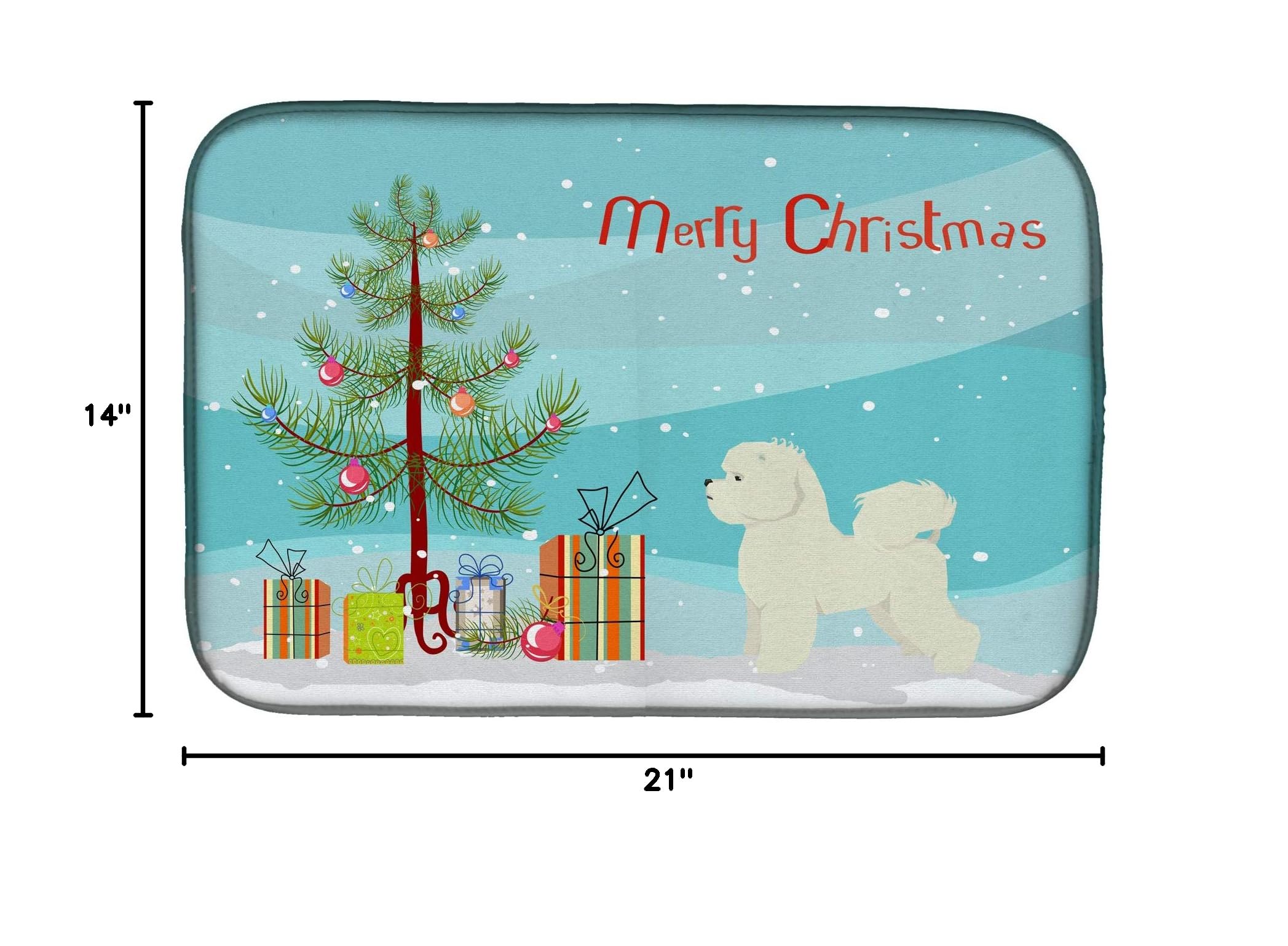 Bichon Frise Christmas Dish Drying Mat - Absorbent Kitchen Counter Mat for Holiday Decor