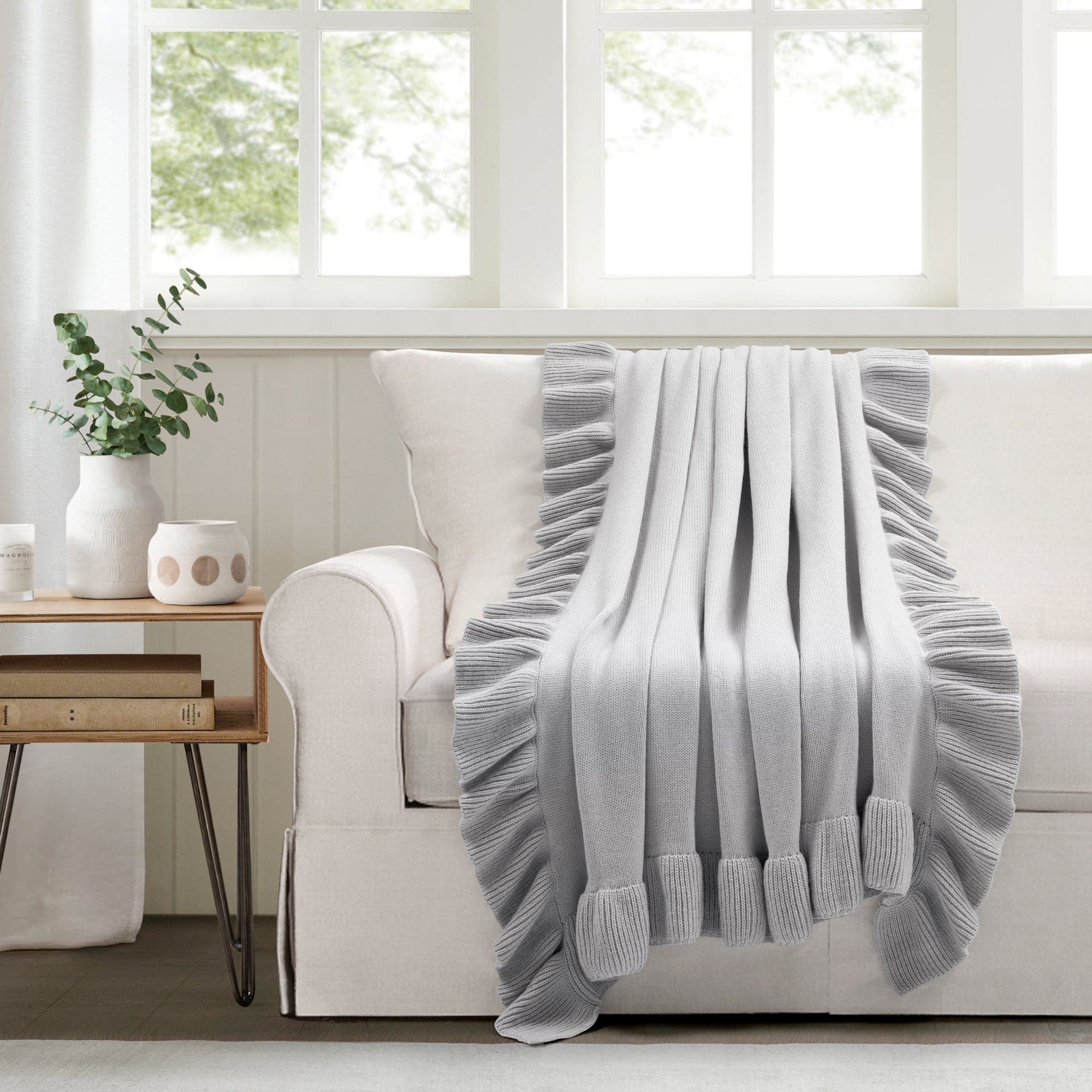 Reyna Soft Knitted Ruffle Throw Blanket - Cozy & Lightweight Knit Bedspread for Couch, Sofa, Bed - Perfect for Living Room, Bedroom & Home Decor