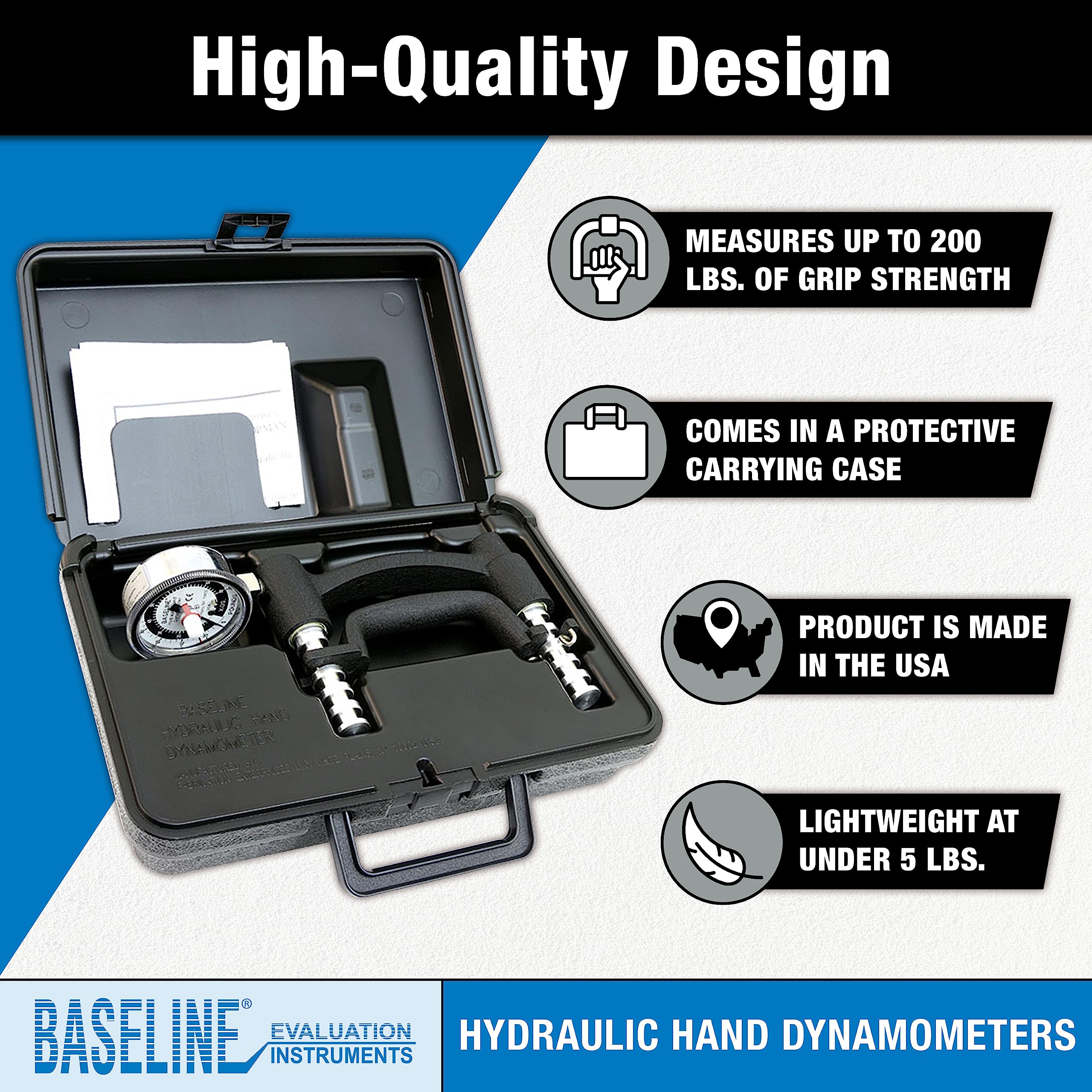 Baseline HD Hand Dynamometer - 200 lb Capacity Grip Strength Tester for Physical Therapy, Fitness & Rehabilitation - Perfect for Athletes, Therapists & Home Use
