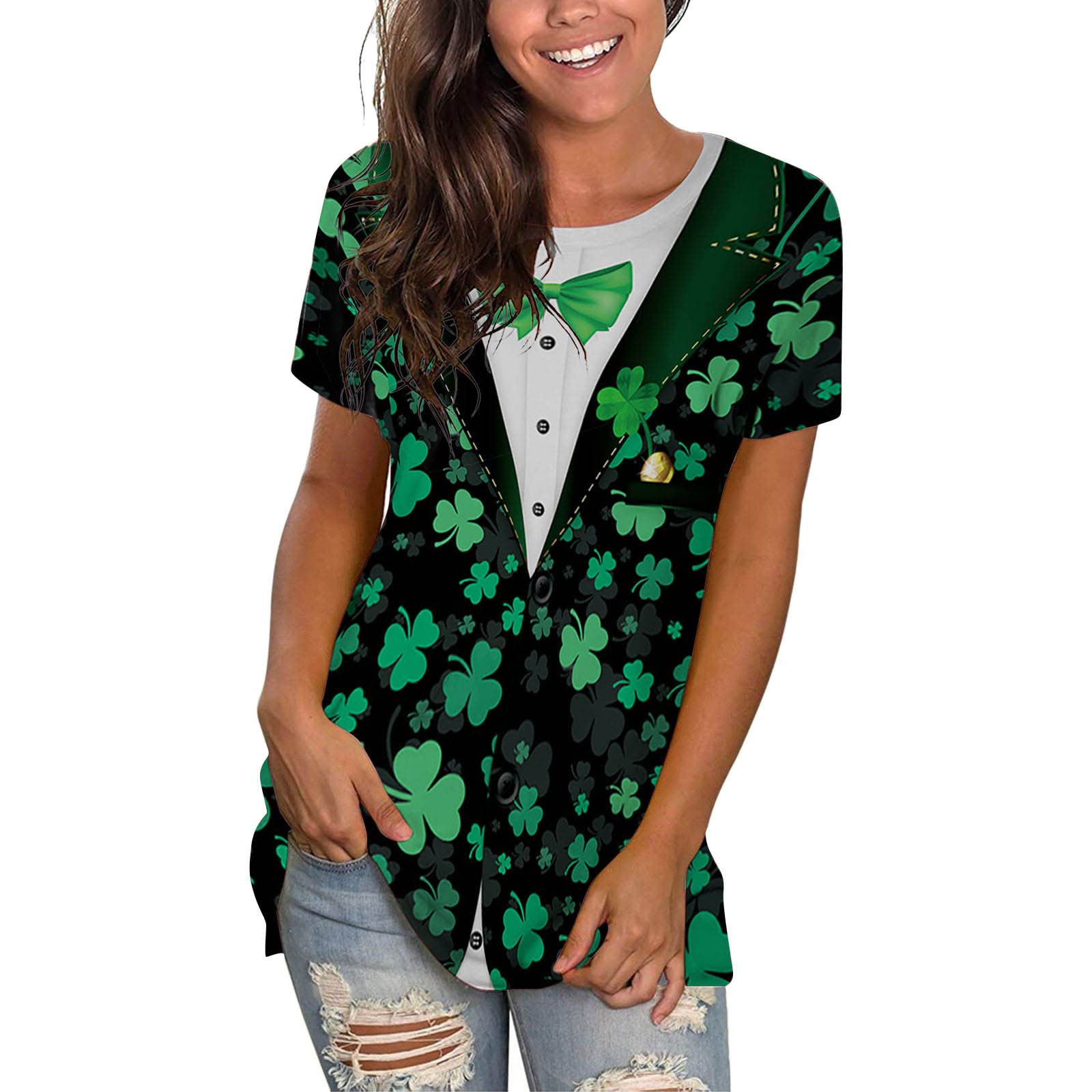 St. Patrick's Day Women's Short Sleeve V-Neck Floral Printed T-Shirt - Summer Rolled Sleeve Casual Top for Parties, Festivals & Everyday Wear