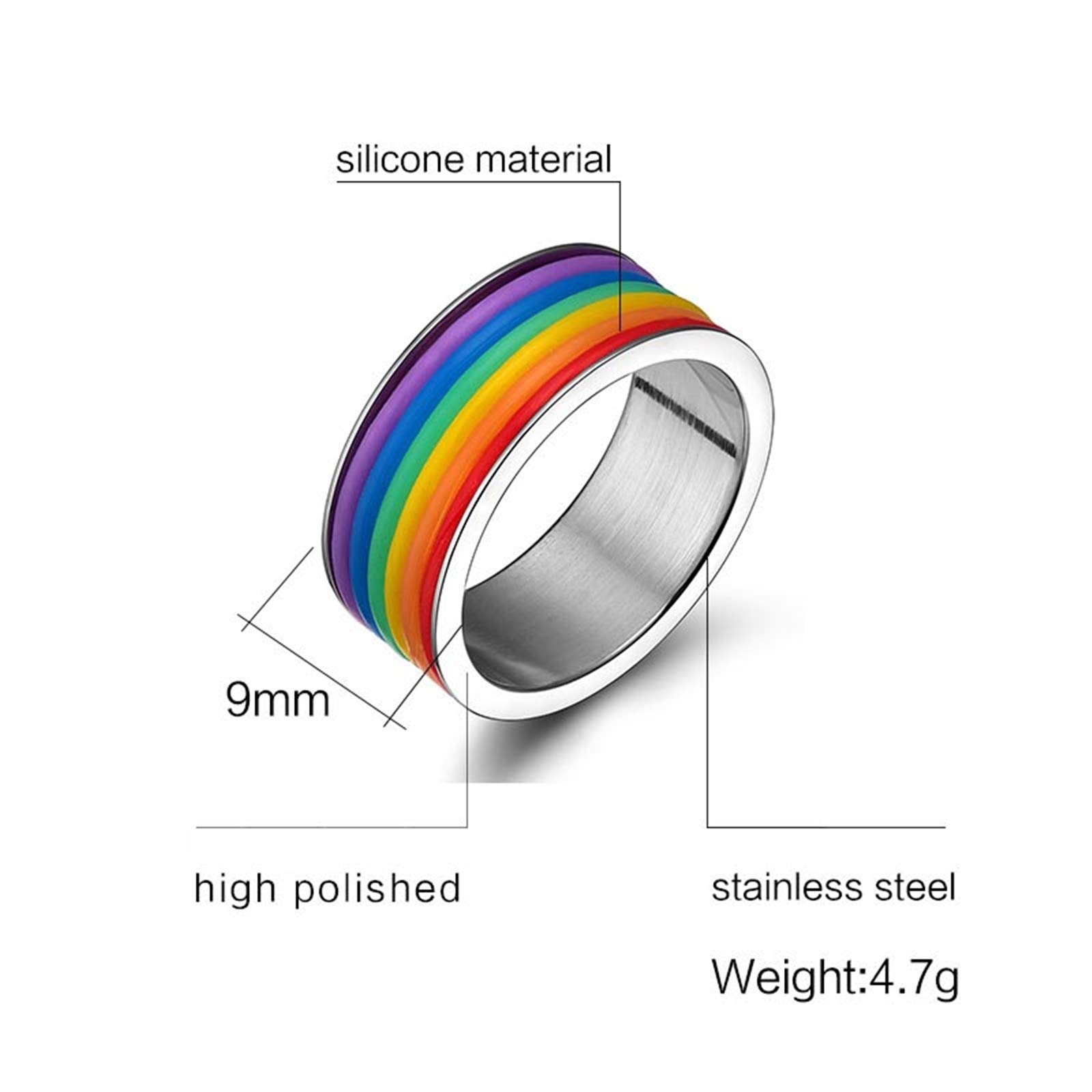 Beydodo LGBT Pride Rings for Men - Stainless Steel Wedding Band with Silicone Rainbow Stripes, Sizes 6-13 - Perfect for LGBTQ+ Pride Events, Weddings & Everyday Wear