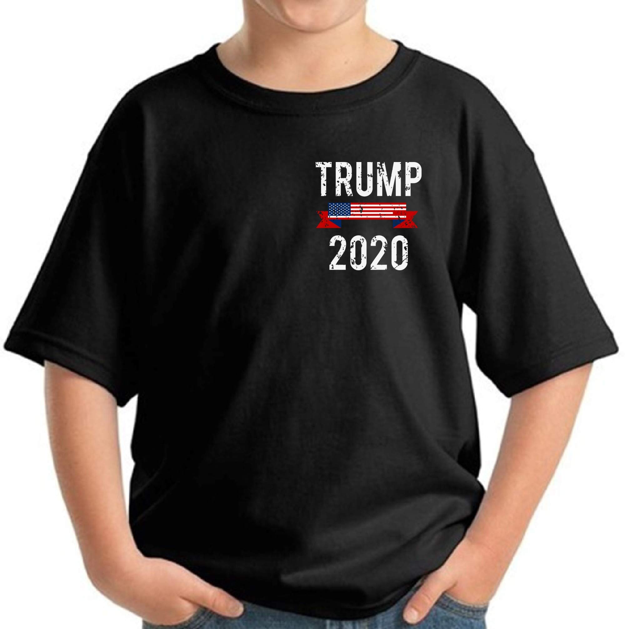 Donald Trump 2020 Youth T-Shirt - Patriotic Pocket Design with Flag Ribbon - Republican Gifts for Kids & Teens - Perfect for Political Rallies, Election Parties & Conservative Events
