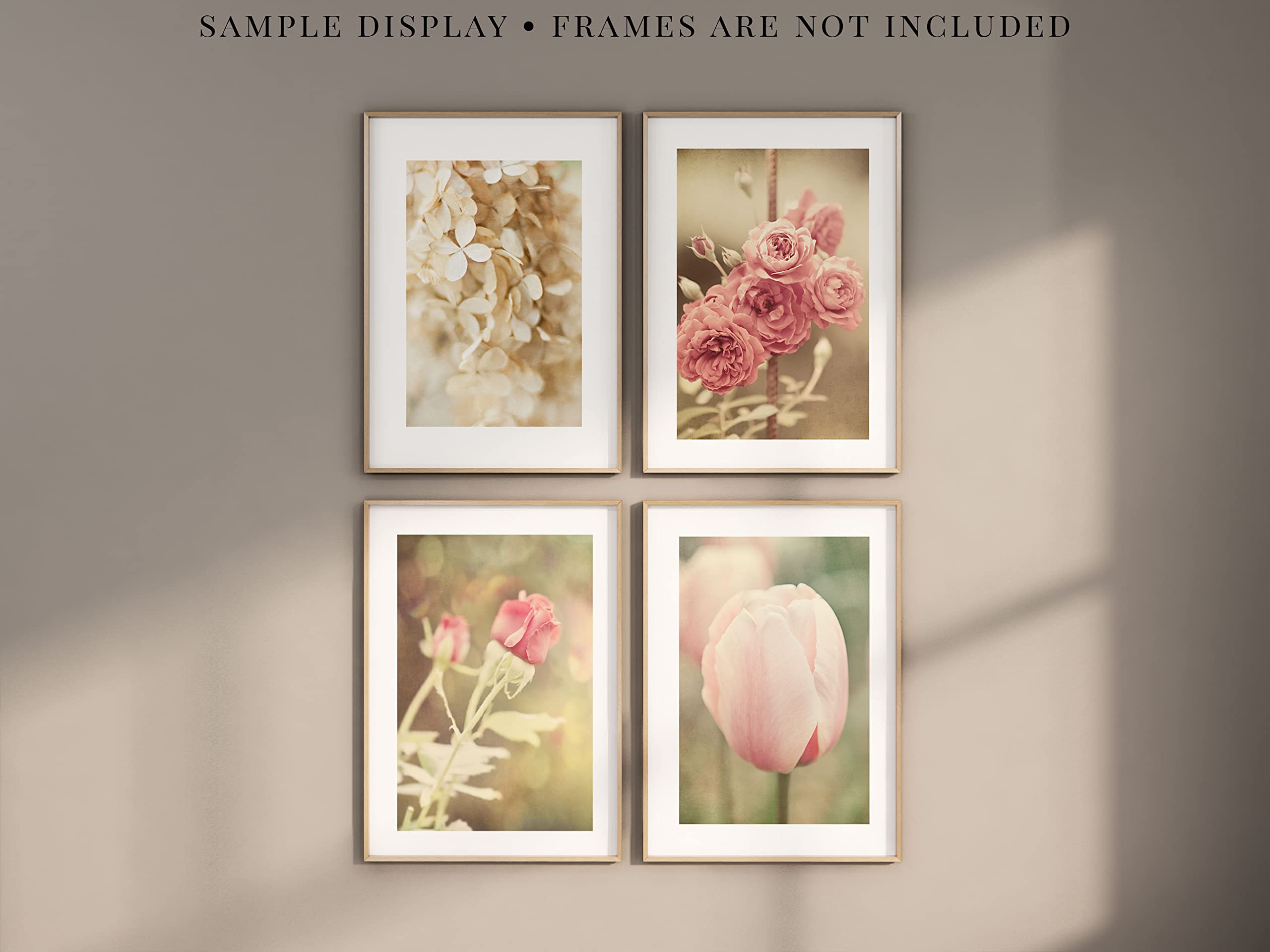 Pink and Off White Floral Art Prints - Set of 4 Unframed Wall Decor - Shabby Chic French Country Flower Pictures - Perfect for Bathroom, Bedroom, Nursery or Living Room - 8x10 Inches - Home Decor Gift Idea