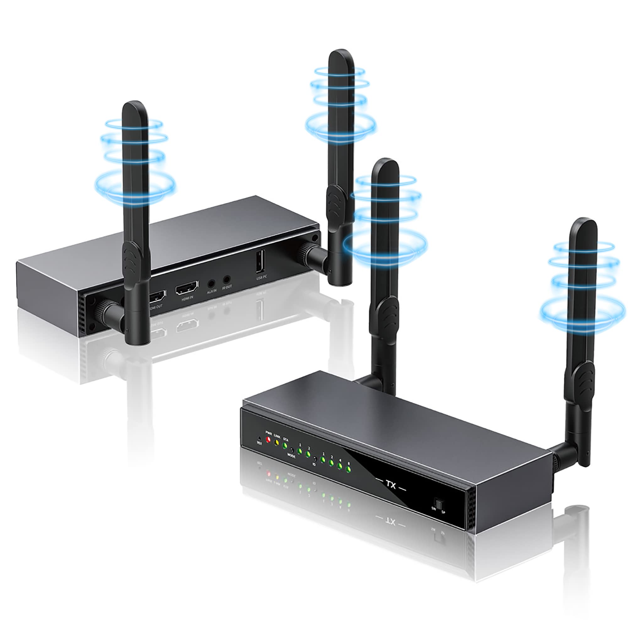 AIMIBO 5.8G Wireless HDMI KVM Extender (1x8) - 656Ft/200M Range with HDMI Loop-Out & IR Control - HD Video Streaming for HDTV, Projector, Monitor - Perfect for Home Theater, Conference Rooms & Gaming Setups
