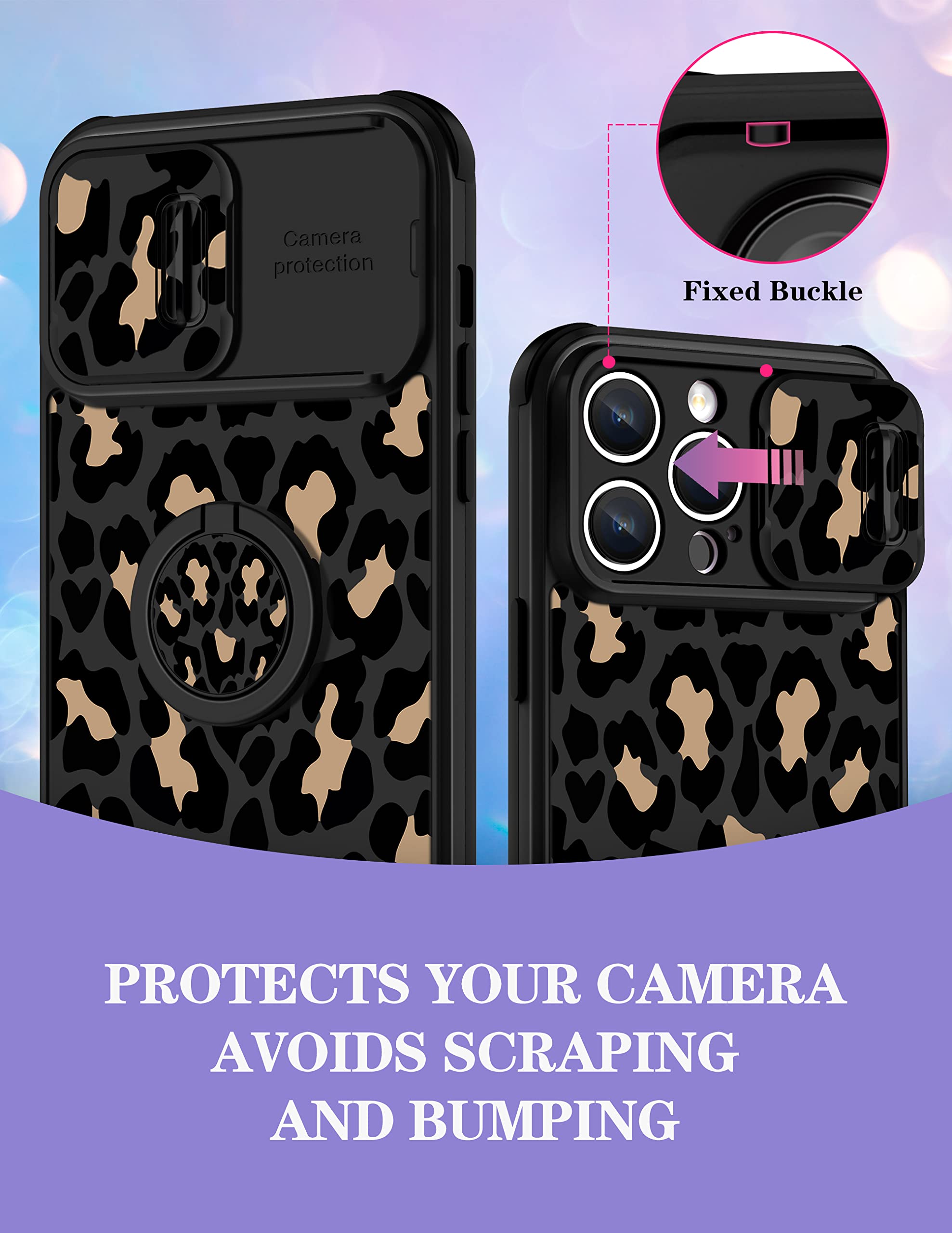 Goocrux 2in1 iPhone 14 Pro Max Case for Women - Leopard Print Phone Cover with Slide Camera Cover & Ring Holder | Cute Cheetah Animal Design Girly Case for iPhone 14 ProMax 6.7