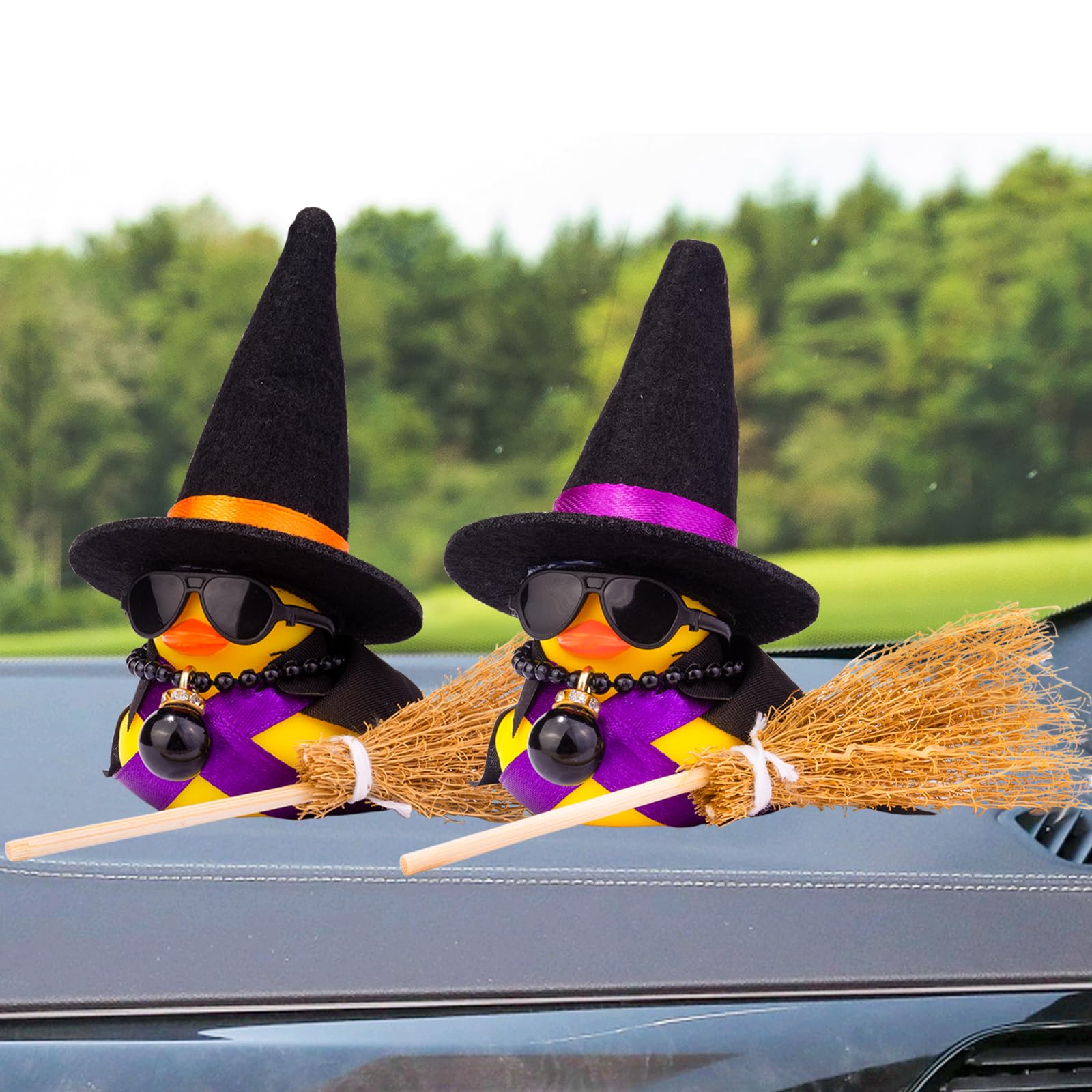 Witch Duck Car Dashboard Decorations - Cute Duck Car Ornaments with Witch Hat, Broom & Sunglasses - Fun Car Accessories for Halloween & Everyday Decor
