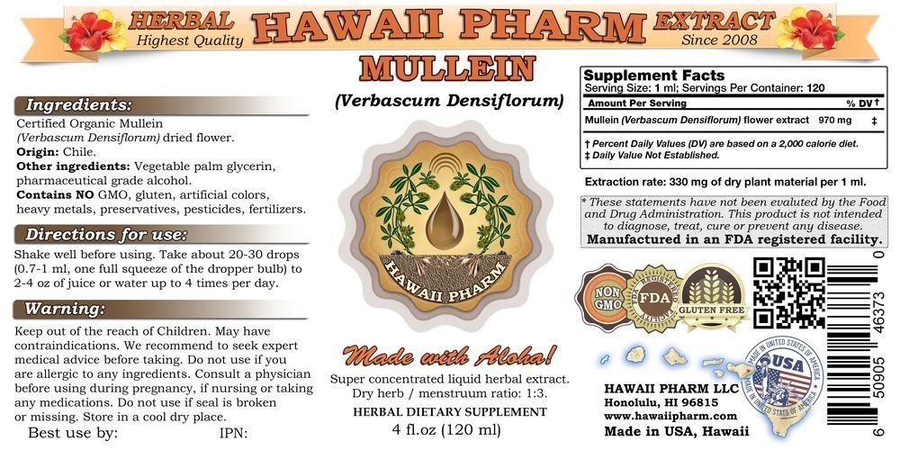 Organic Mullein Liquid Extract (Verbascum densiflorum) - Herbal Supplement for Respiratory Support - Made in USA by Hawaii Pharm - 4 fl.oz - Perfect for Cough Relief & Lung Health