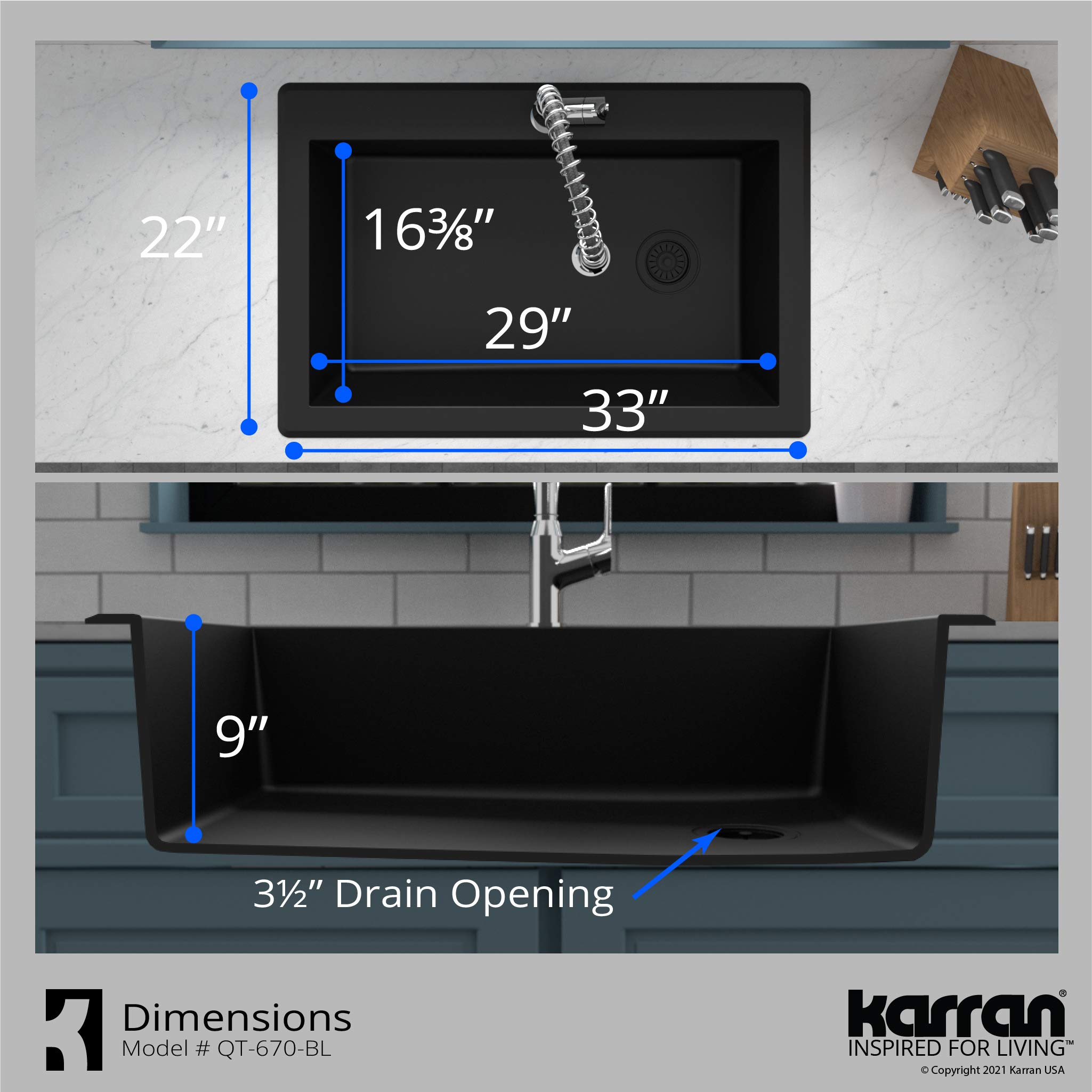 Karran QT-670 33-Inch Drop-In Quartz Composite Kitchen Sink - Single Bowl, 1-Hole, Black - Perfect for Modern Kitchens, Remodeling & Small Space Solutions