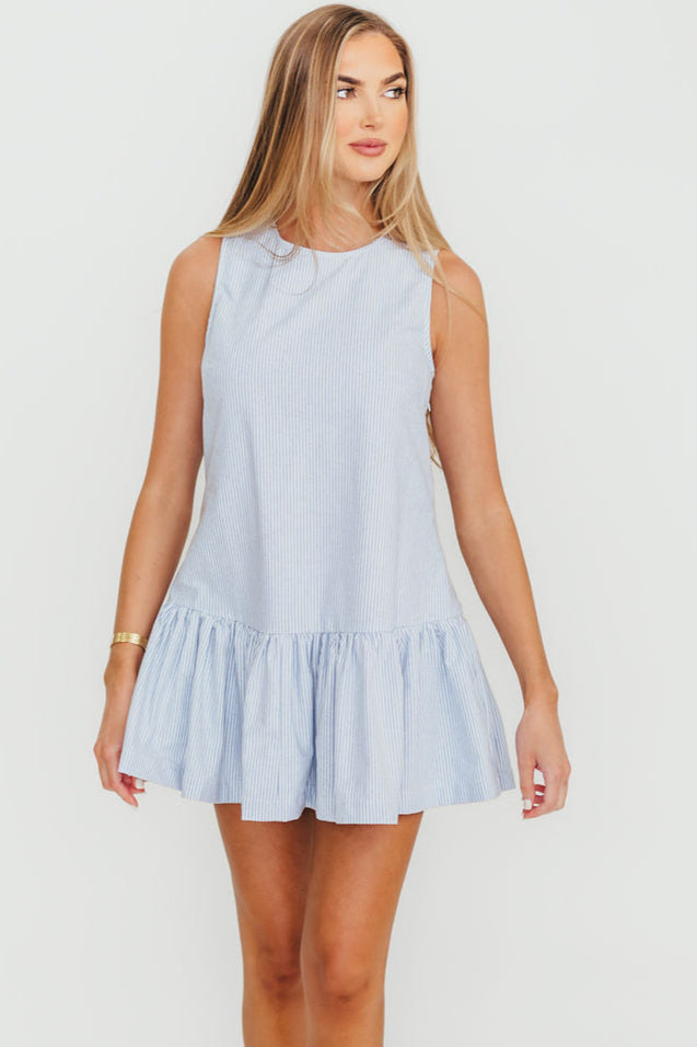 Mickey Mouse Pin Stripe Mini Dress - Light Blue Casual Party Dress for Women, Perfect for Disney Theme Parties & Summer Outings