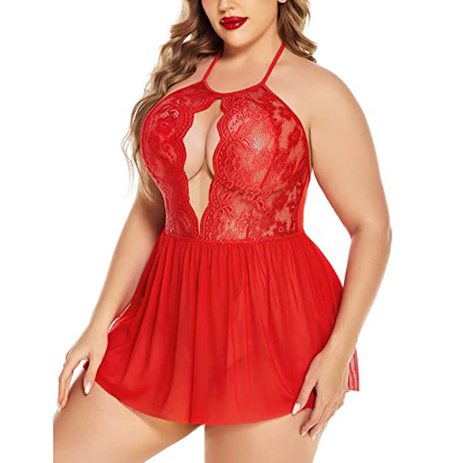 Plus Size Lace Chemise for Women - Sexy Mesh Teddy Babydoll Nightdress with Halter Neck & Deep V Neckline | Romantic Sleepwear for Valentine's Day, Anniversary Gifts or Boudoir Photography