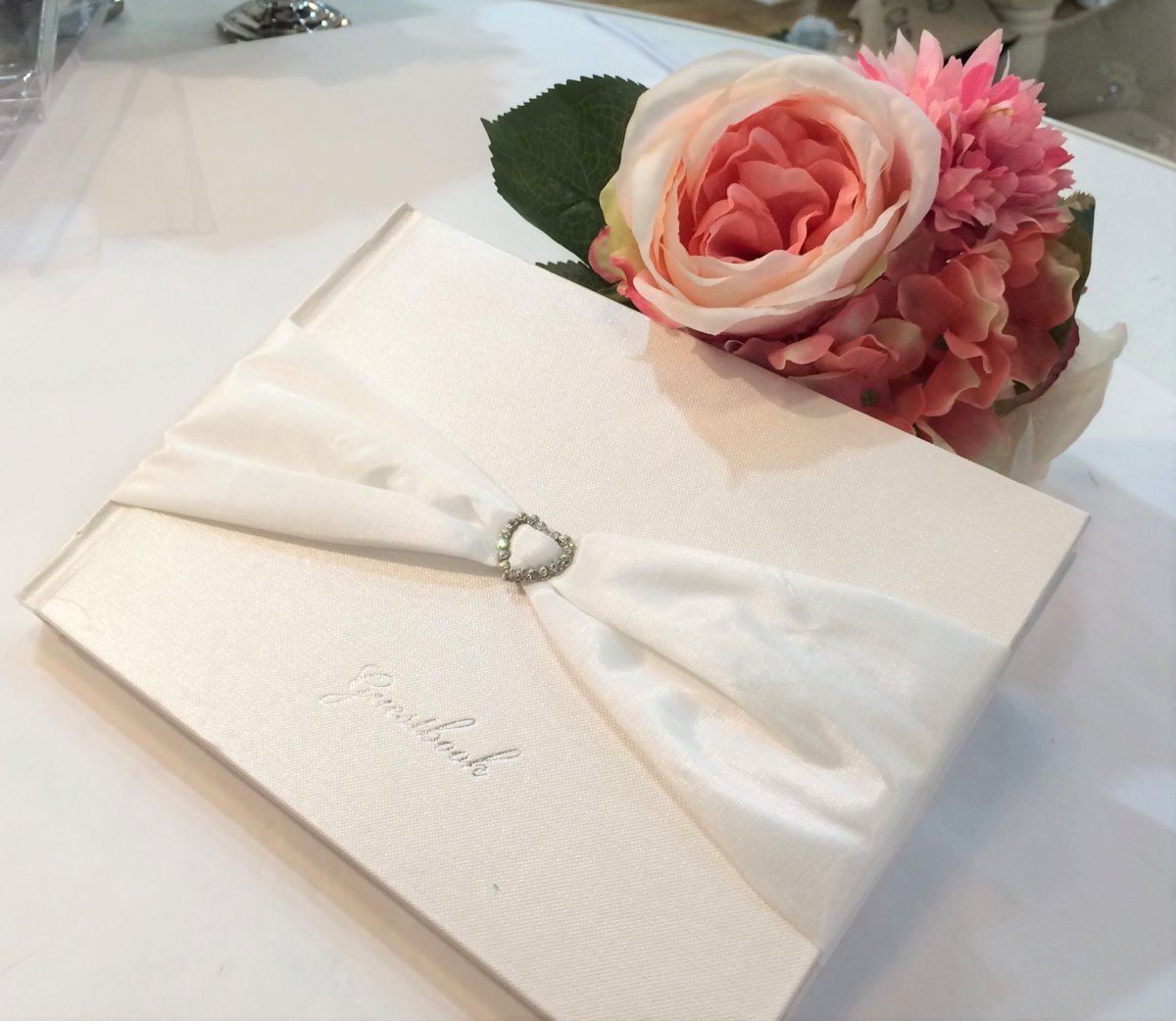 Elegant Ivory Rhinestone Heart Sash Wedding Guest Book - Perfect for Bridal Showers, Bachelorette Parties & Reception Decor