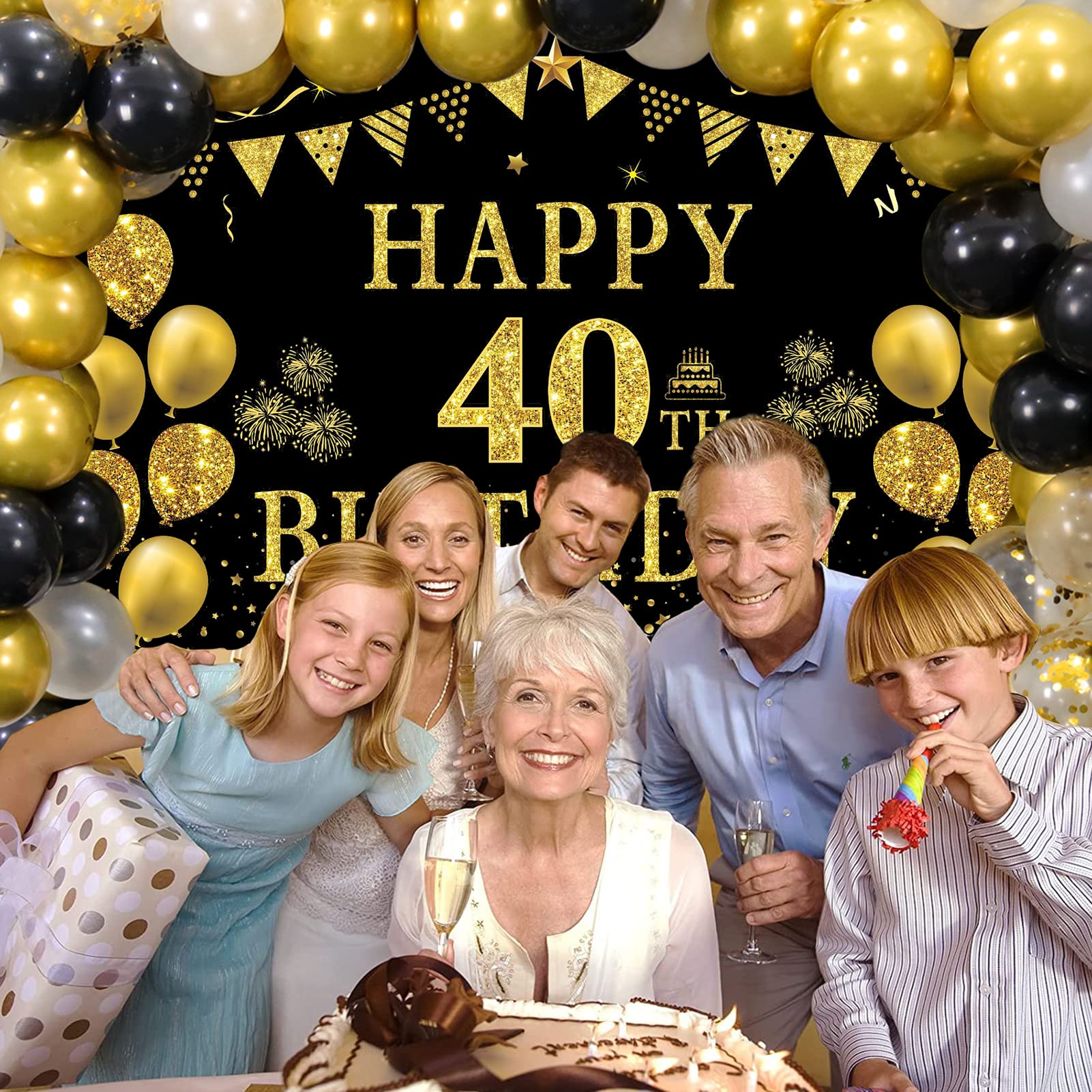 Black Gold Happy 40th Birthday Party Decorations Set - 2 Pcs Banner Backdrop & Tablecloth, 60 Pcs Latex Confetti Balloons - Perfect for Men & Women's 40th Birthday Party Supplies & Gift Ideas - Great for Home, Office, or Venue Celebrations