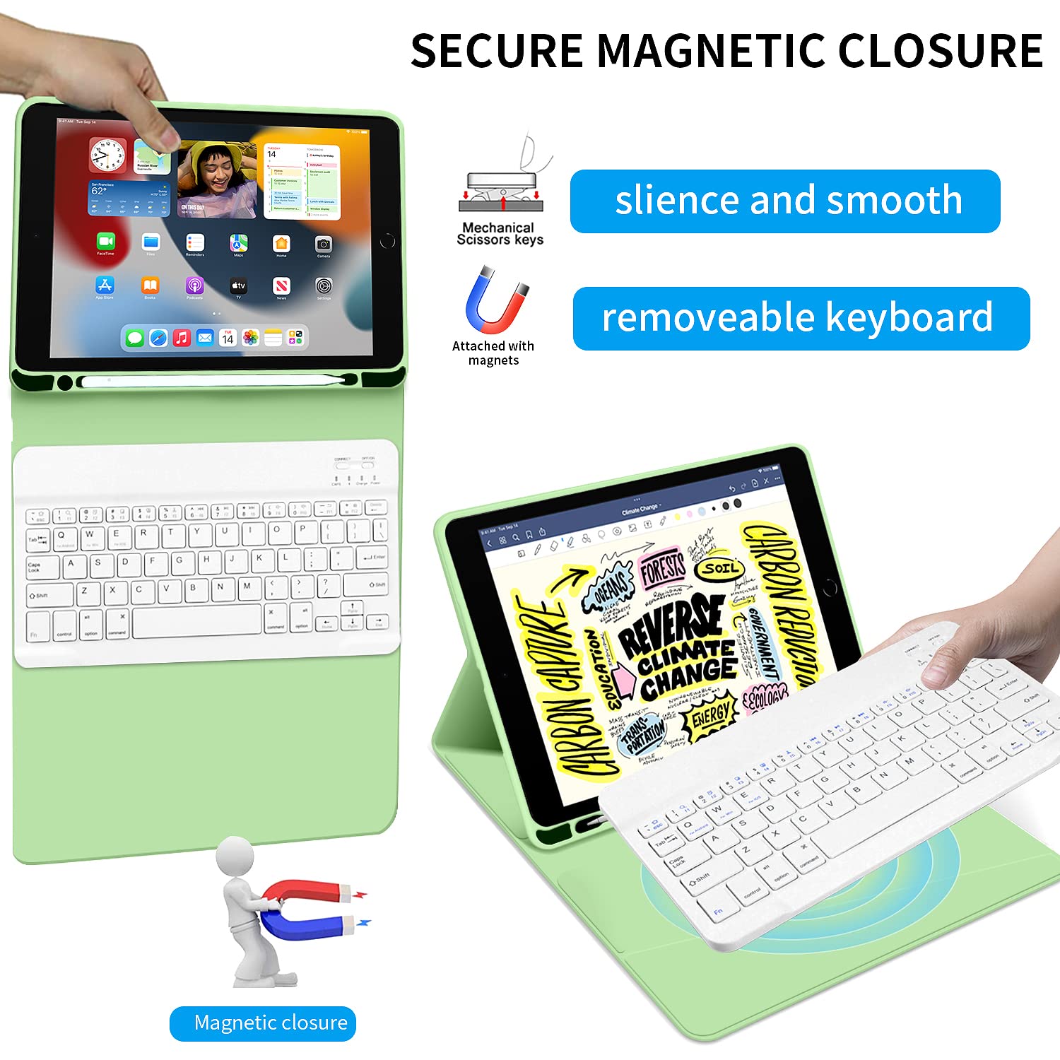 Kenke Ultra Slim Wireless Keyboard Case for iPad 9.7 inch (6th/5th Gen & Air 2/1) - Lightweight Smart Cover with Apple Pencil Holder & Magnetic Detachment - Green | Perfect for Work, Study & Travel
