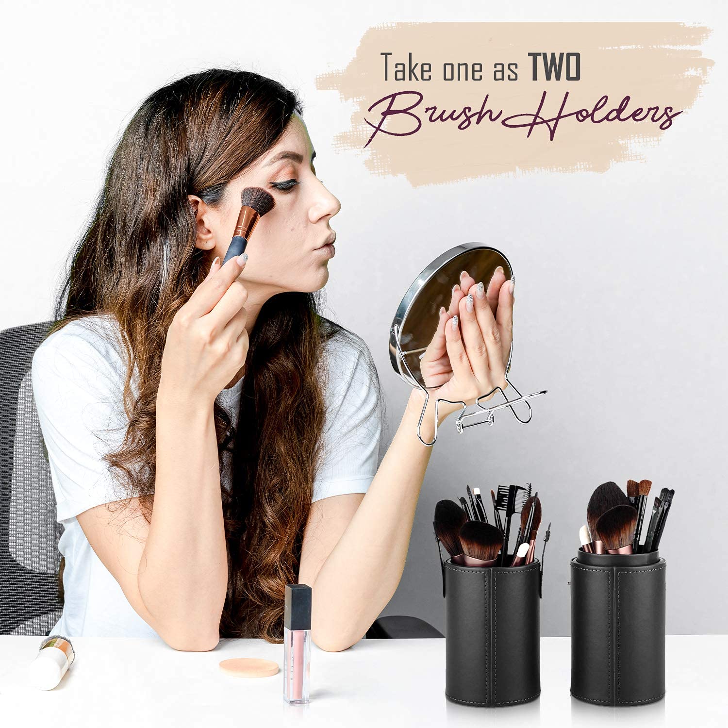 Premium PU Leather Makeup Brush Holder & Organizer - Large Cosmetic Brush Stand for Makeup Artists, Travel-Friendly Dustproof Pouch with Pouch Cup Case (Black, 7.6cm) - Perfect for Professional Makeup Kits, Salon Use & On-the-Go Beauty Essentials