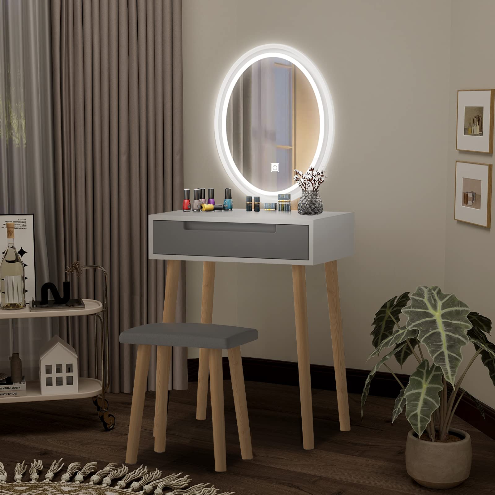 YOURLITE Small Vanity Desk with Mirror & LED Lights, Makeup Vanity Table with Chair & Storage Drawers, Compact Grey Vanity Desk for Bedroom - Perfect for Small Spaces, Home Makeup Studio & Dressing Area