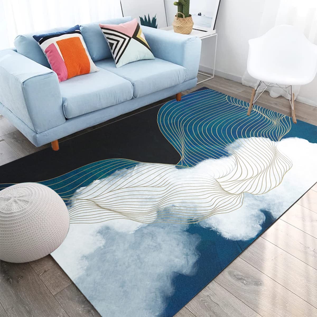 Retro Modern Abstract Area Rug 6x8 Feet - Blue Black Beige Soft Shaggy Throw Rug - Washable Thick Carpet for Living Room, Dining Room, Bedroom - Indoor Kitchen & Laundry Runner Rugs - Perfect for Boho Chic Home Decor & Cozy Spaces