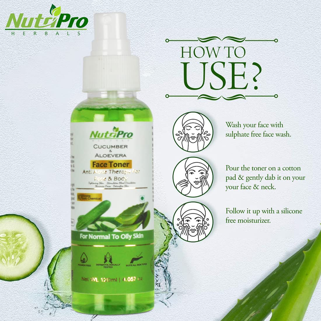NutriPro Cucumber & Aloe Vera Face Toner for Acne Prone Skin - Sulfate Free, Paraben Free, Alcohol Free 120ml - Hydrating & Soothing Toner for Normal to Oily Skin - Perfect for Daily Skincare Routine & Post-Workout Refresh