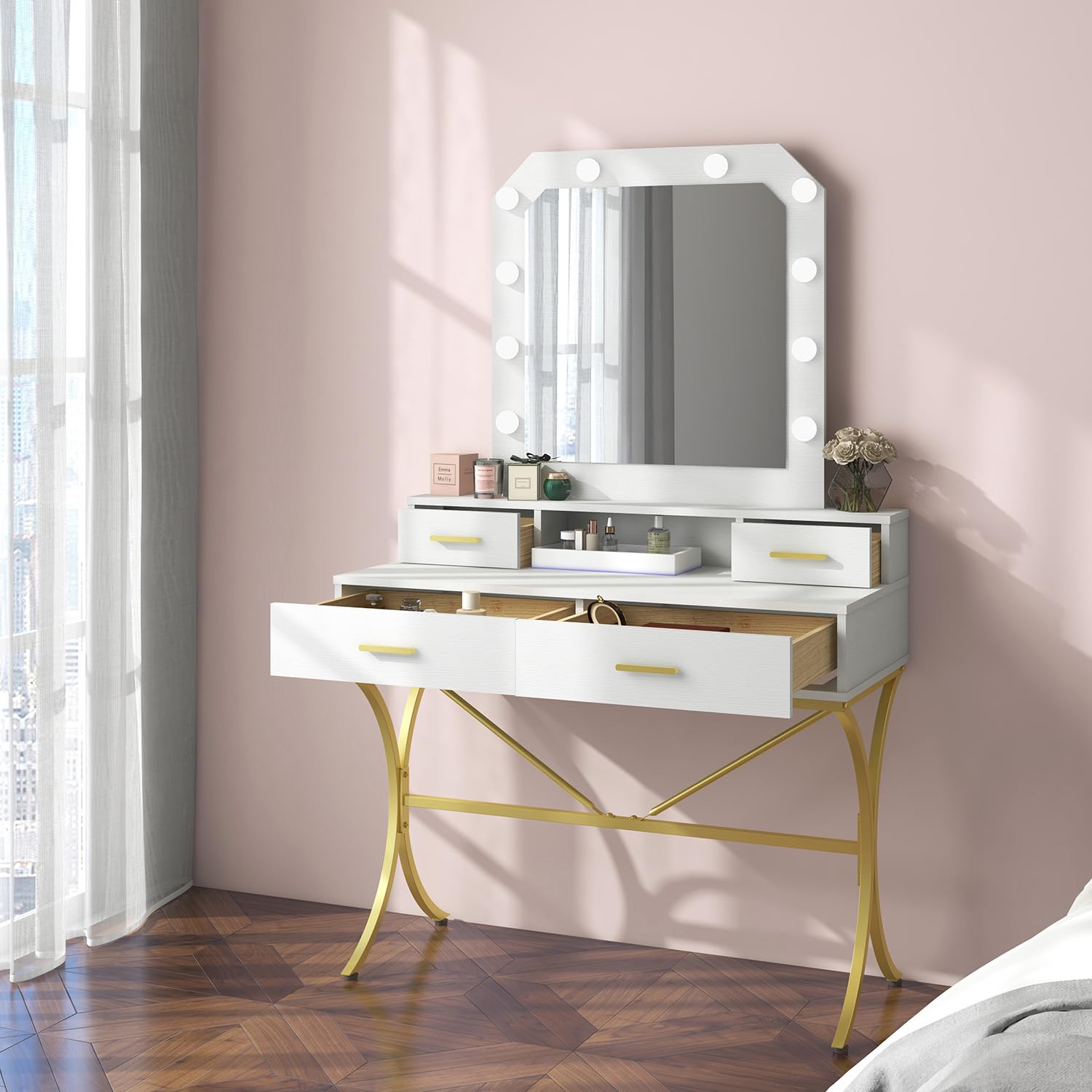 Modern Vanity Table with LED Lighted Mirror - 10 Lights Makeup Desk with 4 Drawers, White Dressing Table for Bedroom | Perfect for Makeup Application, Skincare Routine & Home Decor