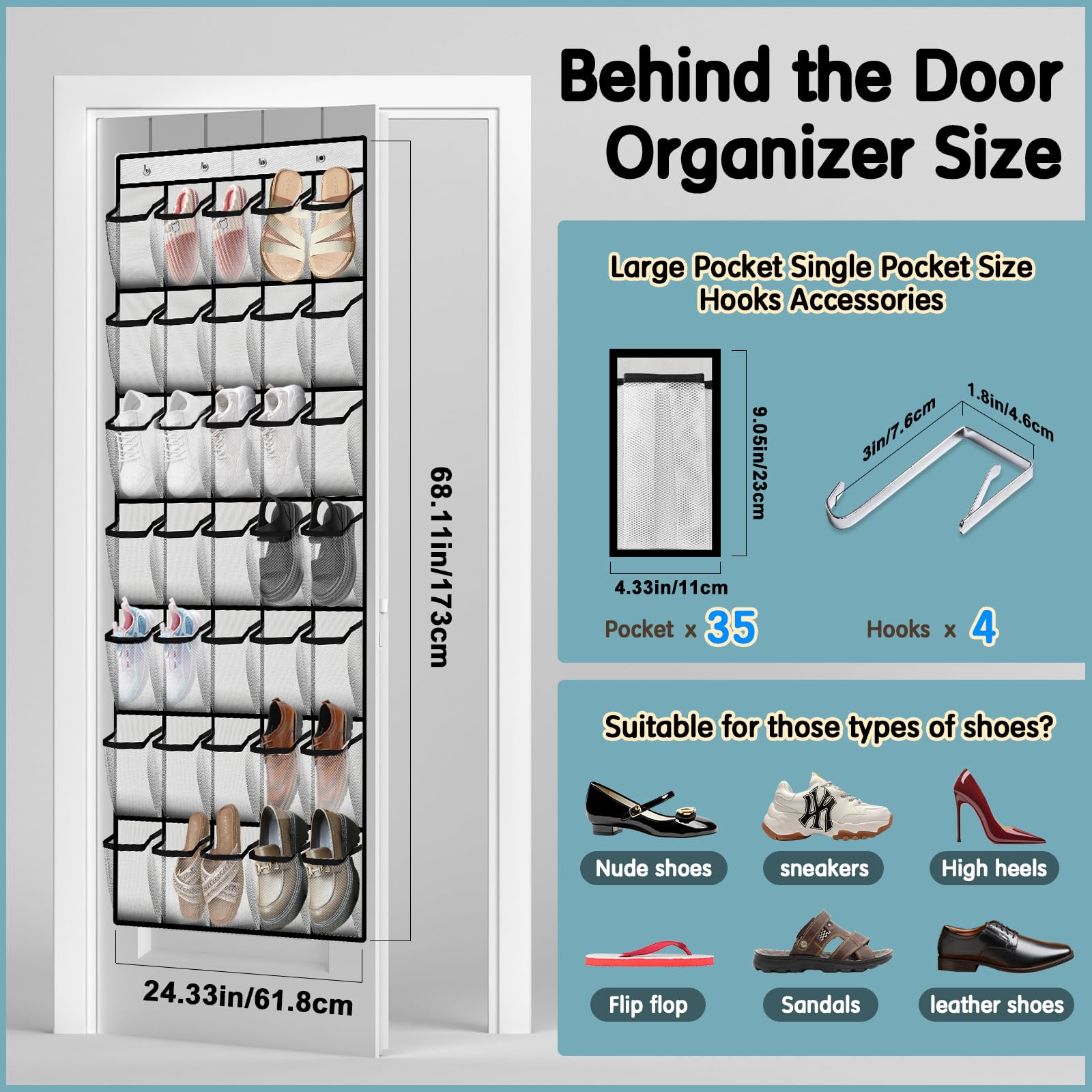 35-Pocket Breathable Mesh Over-The-Door Shoe Organizer for Men & Women - Space-Saving Closet Storage Solution for Sneakers, Heels & Boots (White) - Perfect for Bedrooms, Dorms & Small Spaces