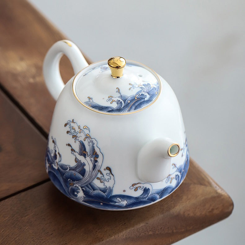 Premium Chinese Sea Wave Ceramic Teapot with 24K Gold Trim - Elegant Tea Brewing for Home, Office & Gift Giving