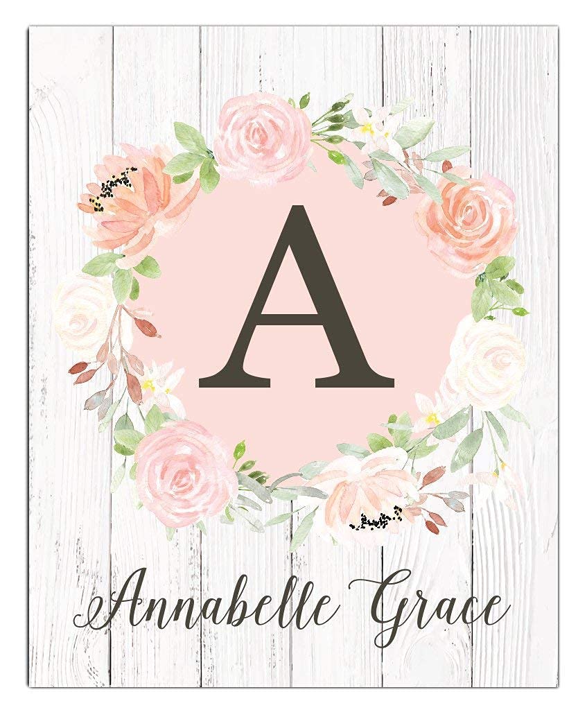 Personalized Girls Monogram Paper Art Print - Rustic Wood Nursery Name Sign for Baby Girl's Room, Pink Floral Nursery Decor, Dorm Wall Art - Perfect for Baby Showers, Birthday Gifts & Home Decoration