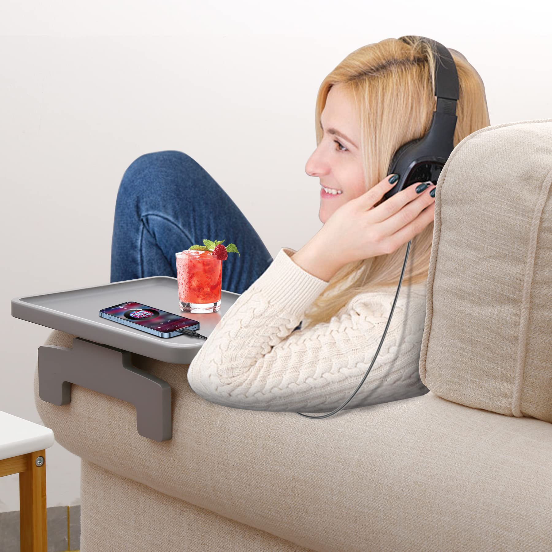 **Sofa Arm Clip Table - Adjustable Couch Tray for Drinks, Food & Laptop - Space-Saving Side Table for Small Spaces - Perfect for Home, Office & Dorm (Grey)**    *(Use Scenarios: Ideal for enjoying snacks, working remotely, reading, or relaxing on your couch, bed, or recliner.)*