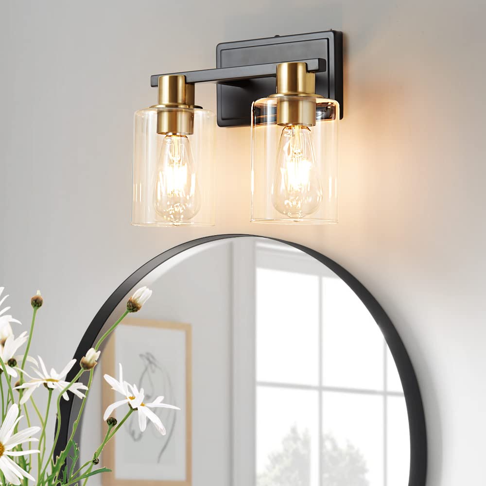 Modern Black & Gold Bathroom Vanity Light - 2-Light Wall Sconce with Clear Glass Shade | Waterproof LED Mirror Lighting for Bathroom, Bedroom & Dressing Room